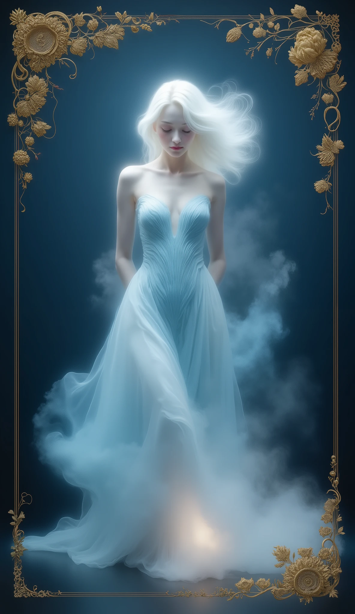 white hair fluttering for a long time、a sparkling mystical figure, Graceful blue dress. The figure consists of light and energy, Wisps of smoke or mist envelop the lower part of her dress. The background is deep blue and, Further enhanced by the addition of gold vines and natural embellishments, Creating an atmosphere of seductive ambiance. The gold details on the background、 It should suggest complexity, A pattern inspired by nature, add warmth and elegance、maintains a magical and otherworldly atmosphere