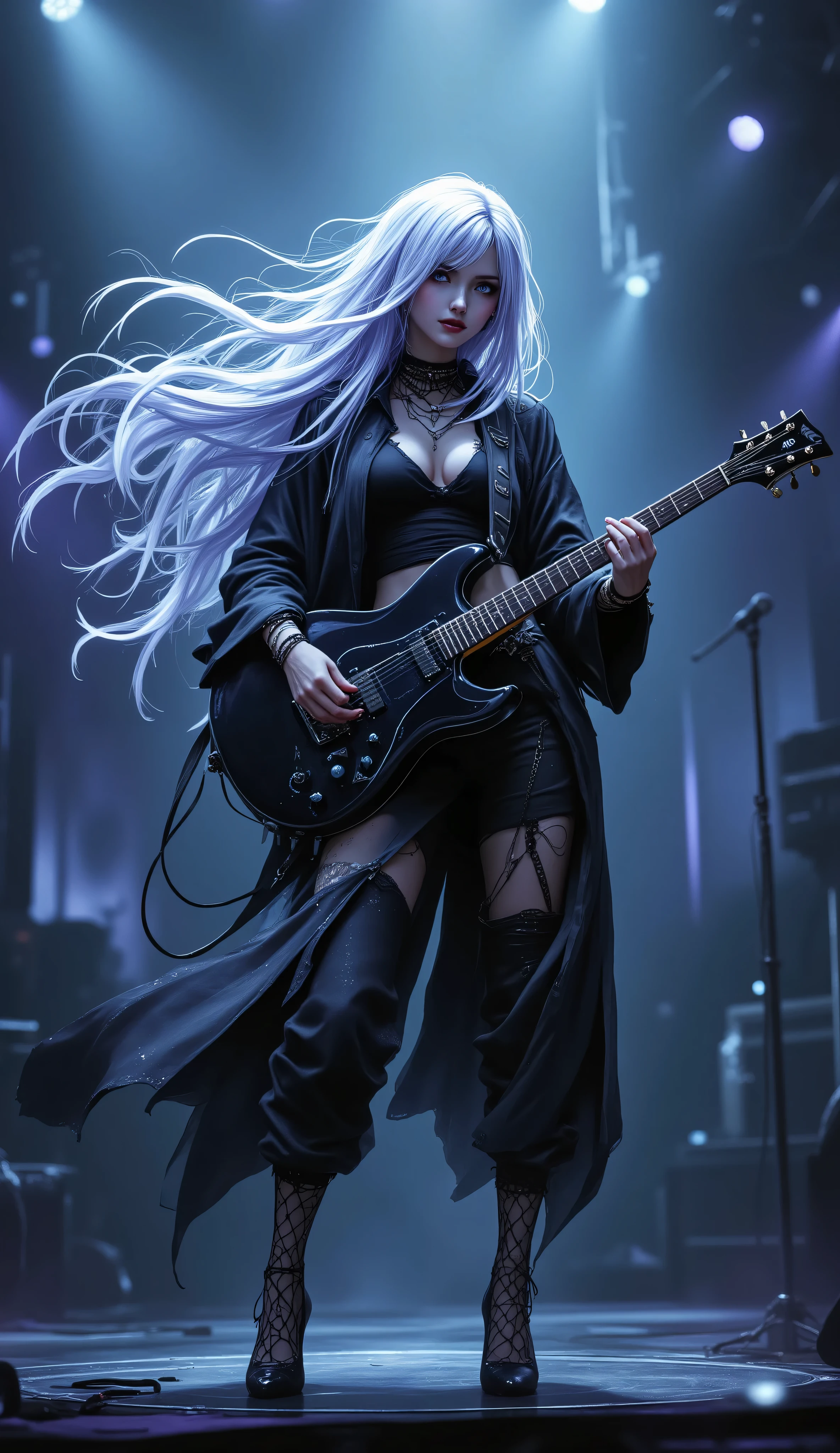 (4k,8k,Ultra HD), masterpiece, best quality, ultra-detailed, very aesthetic, depth of field, best lighting, detailed illustration, detailed background, cinematic, beautiful face, ambient occlusion, raytracing, soft lighting, 8K, illustrating, CG, detailed background, cute girl, XUER guangying,ma1ma1helmes_b_illu,sketch
BREAK
kearsarge \(azur lane\),long hair,white hair
BREAK
(qiandaiyiyu:0.85), (soleil \(soleilmtfbwy03\):0.6), (godiva ghoul:0.65), (anniechromes:0.5),
BREAK
stage
BREAK
guitar,holding guitar,navel piercing, navel line,black T-shirt, open jacket, hot pants, gothic style, asymmetrical socks, fishnet socks, high heels
BREAK
(by j.k.:1.1), by kukka, by keihh, cinematic, anime-style, digital art, photorealistic,