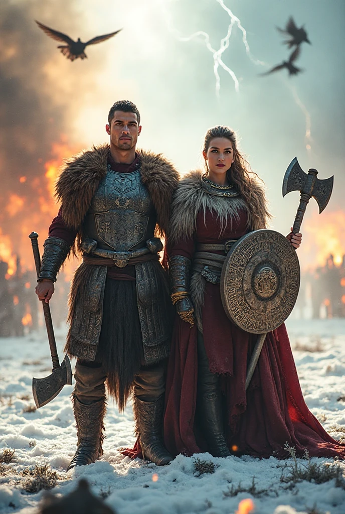 Black Viking left arm tattoo design, a full body muscular viking man, and beautiful blond woman showing big , muscular legs, holding big sword with right hand, brown hair divided with bangs, perfect realistic blue eyes, wearing warrior leather shoes, wearing warrior boots, lake and mountains in the background.
