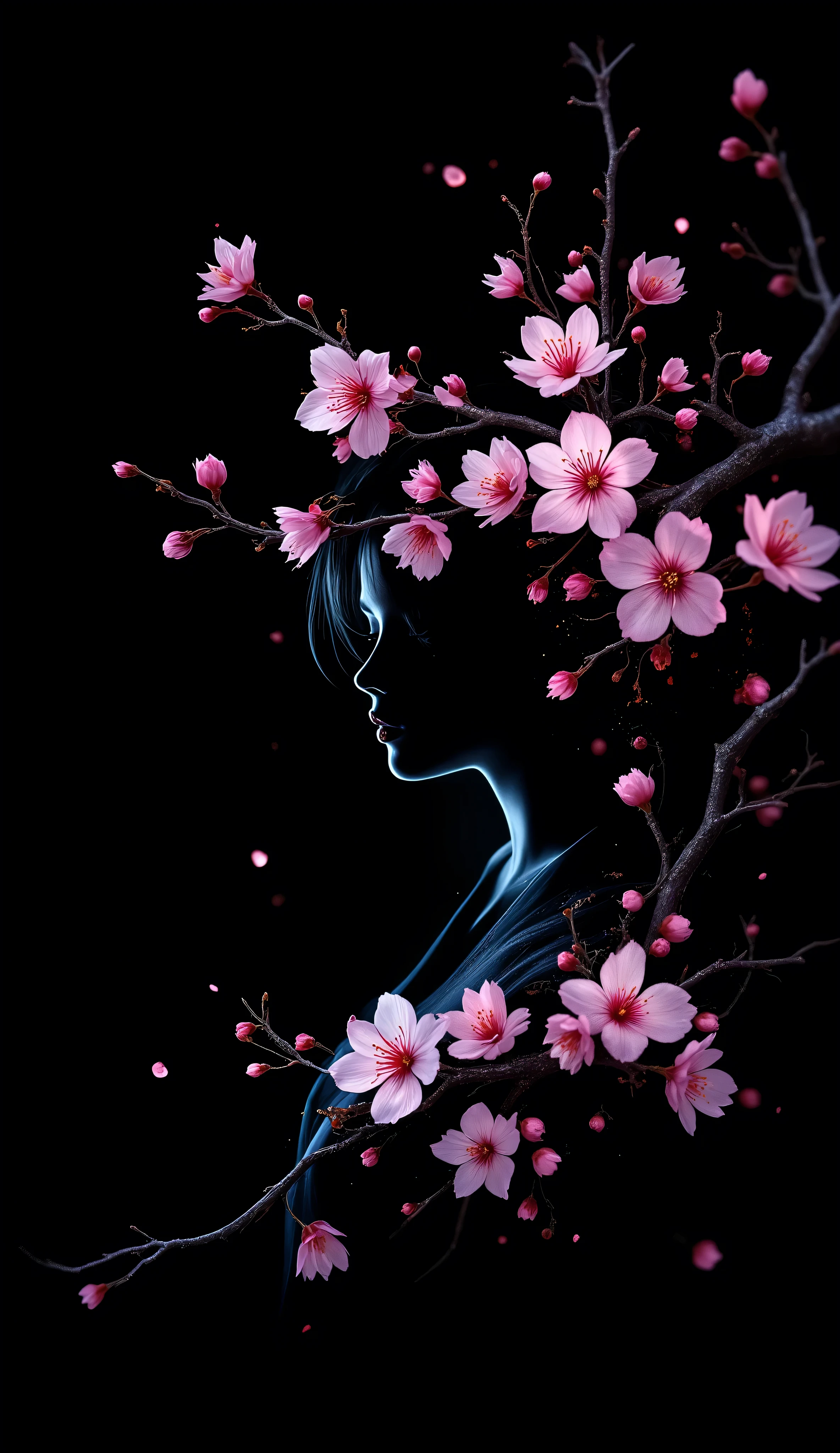 masterpiece, best quality, high quality, amazing quality, very aesthetic, ultra detailed, highres, absurdres, newest, 8k,
1girl, silhouette, solo, double exposure, cherry blossoms, branch, flower, dynamic pose,
pastel colors, black background, dark, color connection, sidelighting, bloom, depth of field, pink light, perspective,