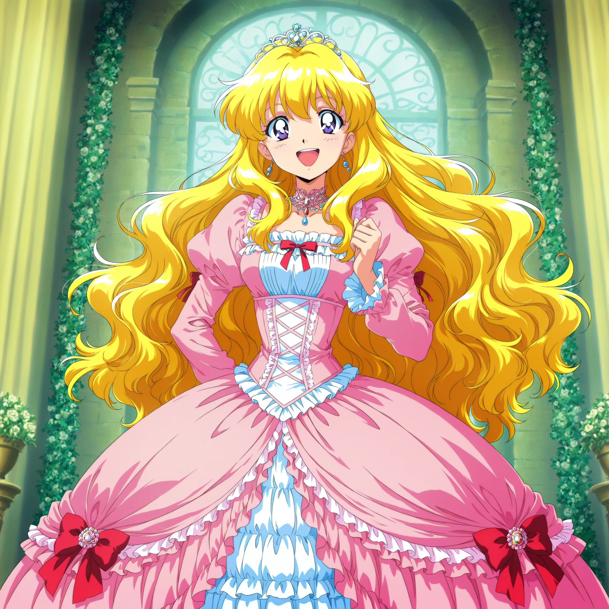 masterpiece, so beautiful, (Anime Coloring, animated screenshot), Official Art, Illustration, 90s Anime Style,
1girl, solo,masterpiece, Highest Quality, Ridiculous, Official Art, Official Style, Cute Princess, she's laughing,((green silk satin victorian style big ball gown dress:1.0)),short,long sleeve,The dress is adorned with lots of ruffles and ribbons., they have long blond wavy hair that is waist-length,They wear a princess tiara on their head,I'm wearing a princess tiara on my head,Detailed background 1.0