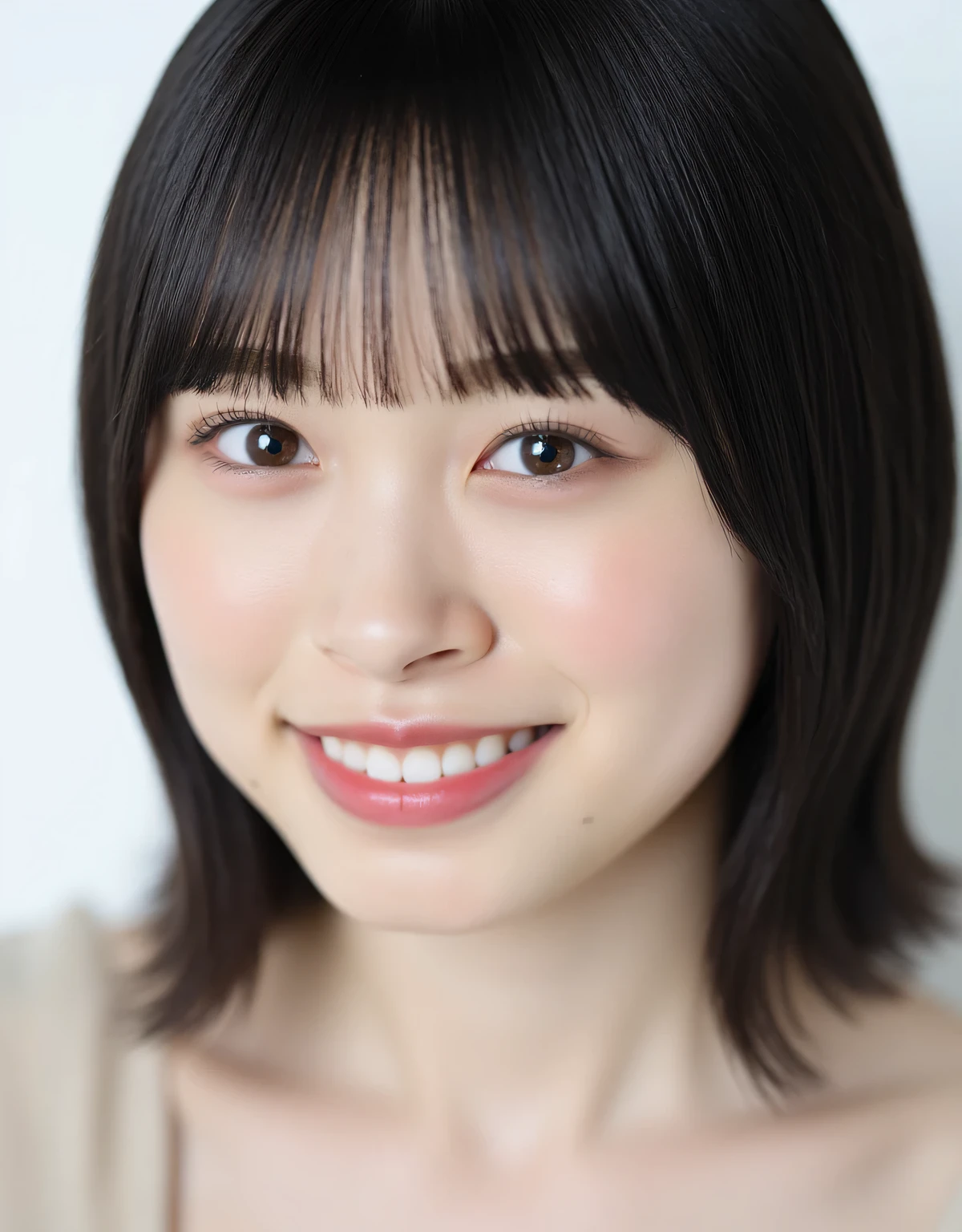 RAW photo, reality,((Staring intently at the viewer)),((Focus on Your FACE)),((close-up)), front, Japanese woman, smile, medium hair, black hair, straight hair, naked, Unprocessed , live-action, Genuine,cute young girl, beautiful reflective eyes ,Beautiful Detailed Lips, Extremely Delicate Eyes and Face,long eyelashes, 軽いsmile,simple white background, natural light