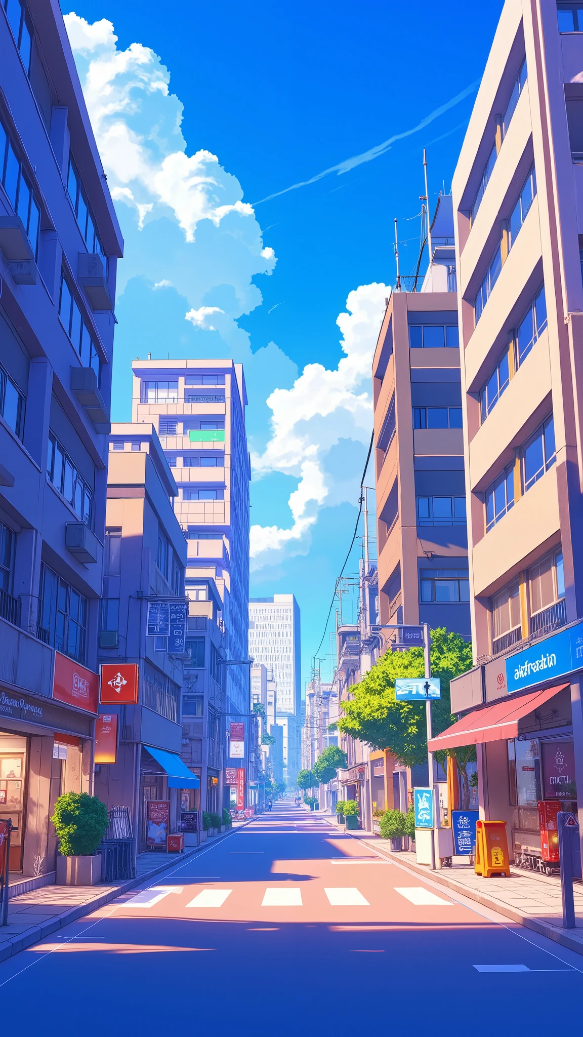 anime style、Aori、low angle、An urban cityscape with buildings, high-rise condominiums、cafes and convenience stores lined up on the left and right sides of the screen、Clean and bright atmosphere、Blue Sky、deep composition、There are no people or animals、unmanned、quiet、no one