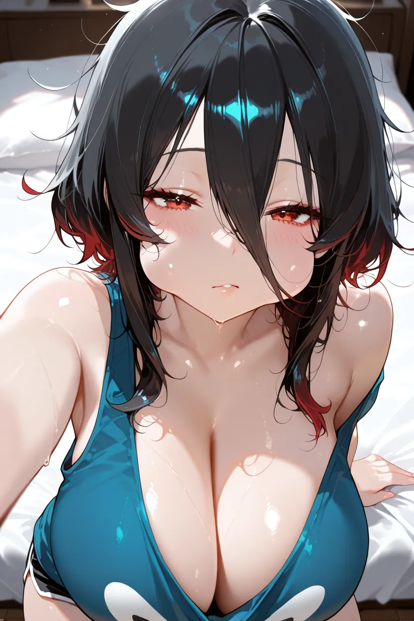 (best image quality, best girl), (one girl), (((girl in a ponytail wearing a red ribbon-like hair ornament)), red ribbon type hair ornament, (black hair), matching bangs, ahoge, vermilion around the eyes, ((black eyes)), ((drooping eyes)), parted lips, expressionless, blush, confidence, satisfaction, intimacy, (((big)), ((overall)), (wet), ((white liquid)), cowprint micro ??????, ( Liquid that clings to the body), (liquid dripping from the head), (liquid dripping from the hair), (((opaque liquid)), ((wet with cloudy liquid)), ((wet with turbid liquid)), on the bed