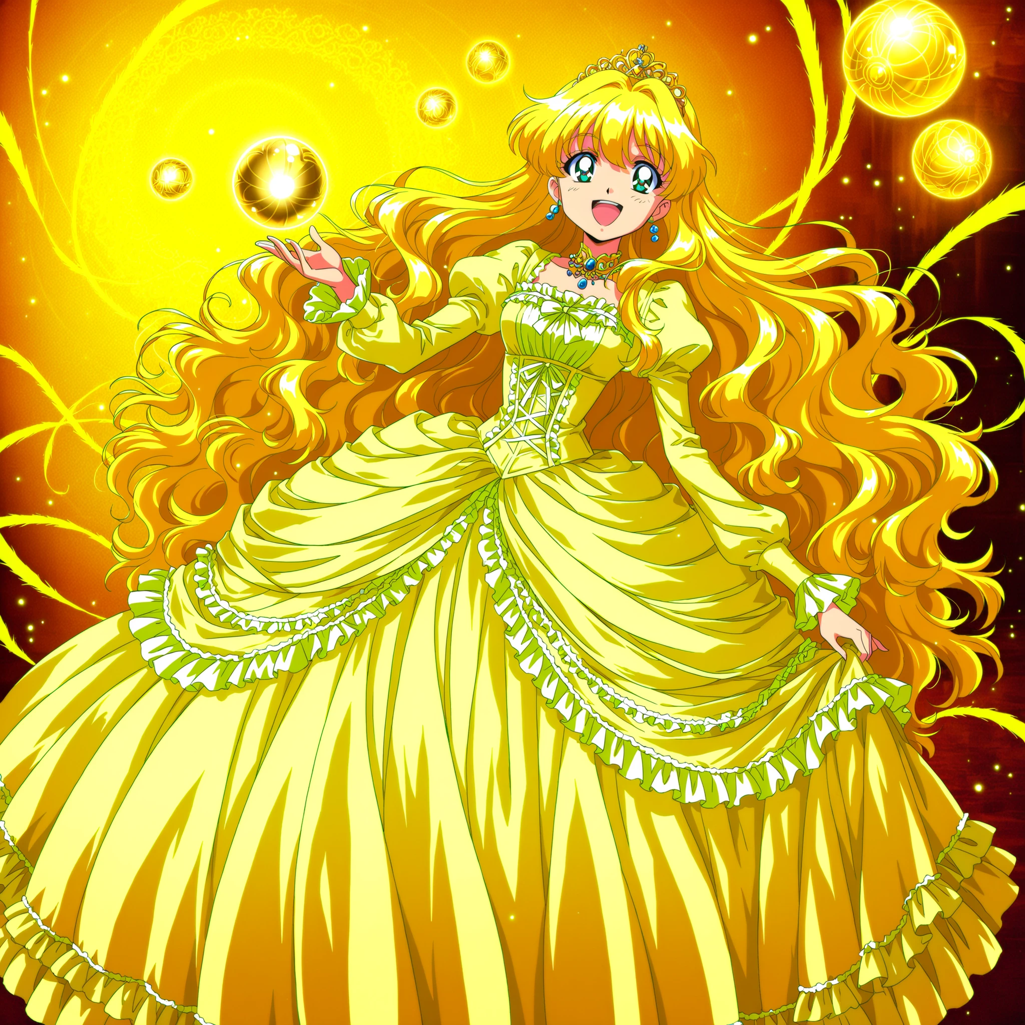 masterpiece, so beautiful, (Anime Coloring, animated screenshot), Official Art, Illustration, 90s Anime Style,
1girl, solo,masterpiece, Highest Quality, Ridiculous, Official Art, Official Style, Cute Princess, she's laughing,((yellow silk satin victorian style big ball gown dress:1.2)),short,long sleeve,The dress is adorned with lots of ruffles and ribbons., they have long blond wavy hair that is waist-length,They wear a princess tiara on their head,I'm wearing a princess tiara on my head,Detailed background 1.0