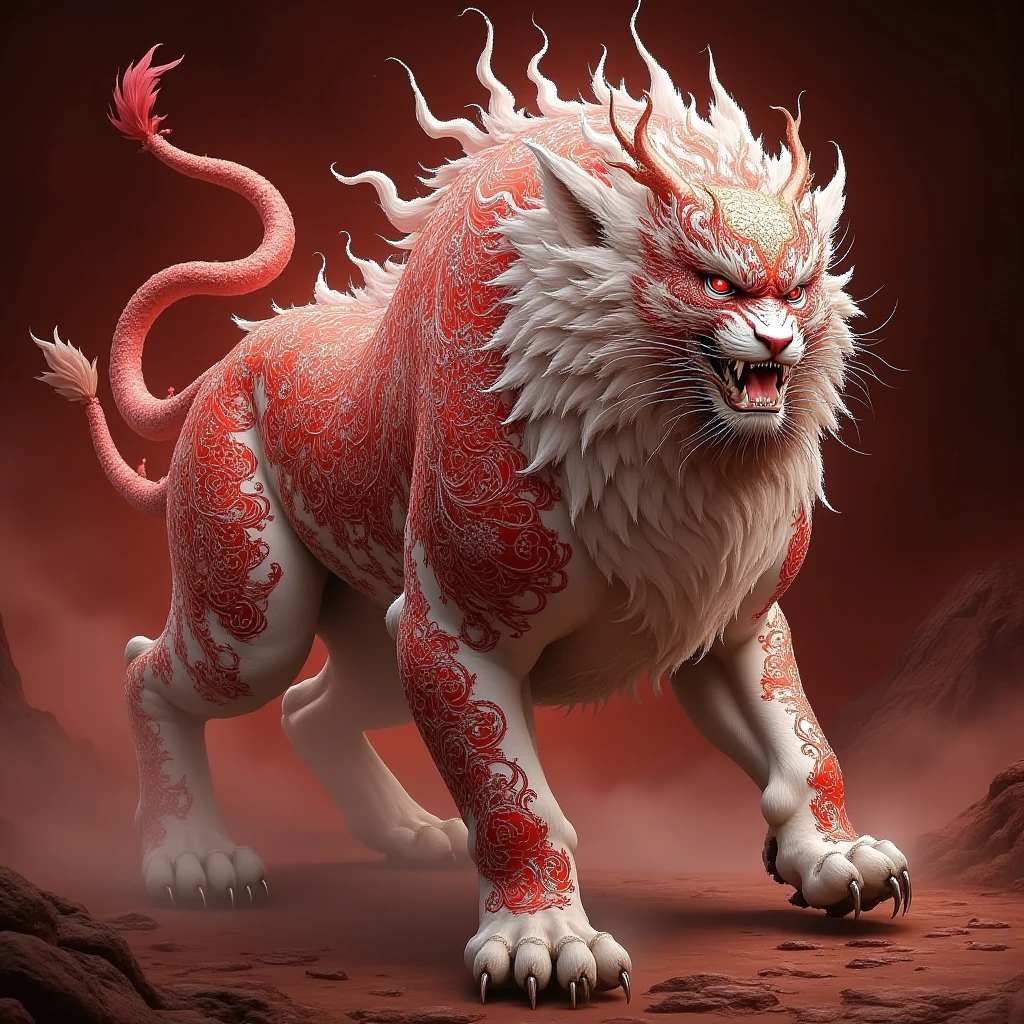 (Best quality,tmasterpiece, iintricate,hyper-detailing，extremely detailed CG unity wallpaper) ,A kind of monster in the mythology of the ancient Chinese book of the Classic of Mountains and Seas，Great Wilderness East Meridian，A mythical beast in Chinese mythology，(((Shaped like a red snow leopard，Huge and powerful。It has a majestic body and sharp claws，The whole body is covered with fur red as blood，The forehead has a sharp horn，It has five tails behind it)))，And both eyes radiate lightning，Surrounded by lightning，White clouds surround，Dreamland Wonderland、Genting Heavenly Palace，The peaks are steep，Strange rocks，fanciful，ogre、fang、Riding，Faraway view，(Best quality,tmasterpiece, iintricate,hyper-detailing，RAW photo,8K，hyper HD,超高分辨率,extremely detailed CG unity wallpaper，Chinese colors，The color is bright，brightly，Traditional Chinese elements，（（Ancient murals）），legendary，Dappled light，Hazy haze，mystical aura，tmasterpiece，k hd，Rich in color，Detailed details，Colorful colors)