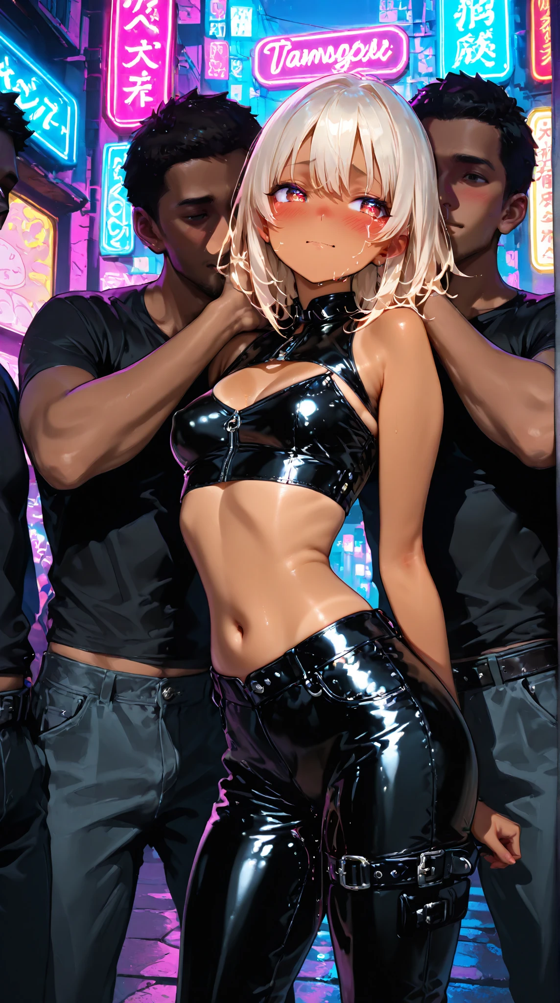 Masterpiece, top quality, very detailed, perfect ???????,{((((1girl)))), blonde hair, long hair, sitting, couch, facing the viewer, indian style, (?????????????: 1.4), sports bra, laces, full body, ???? feet, barefoot, sweat, wet, embarrassing, blush, shiny skin}, V arm, ?????? covering, BREAK, standing at back of couch, group shot, ((((Multiple men)))), 6+ men, ((( black man))), blacked, boxers, briefs, socks,