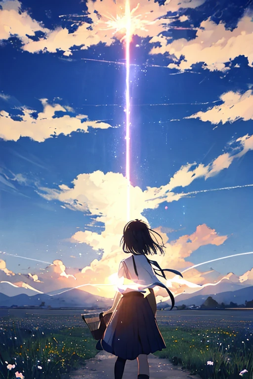 The vast sky, beautiful skyline, large grasslands, extremely tense and dramatic pictures, moving visual effects, the high-hanging Polaris, and colorful natural light. Long-sleeved top, denim shorts, and a girl with a backpack.