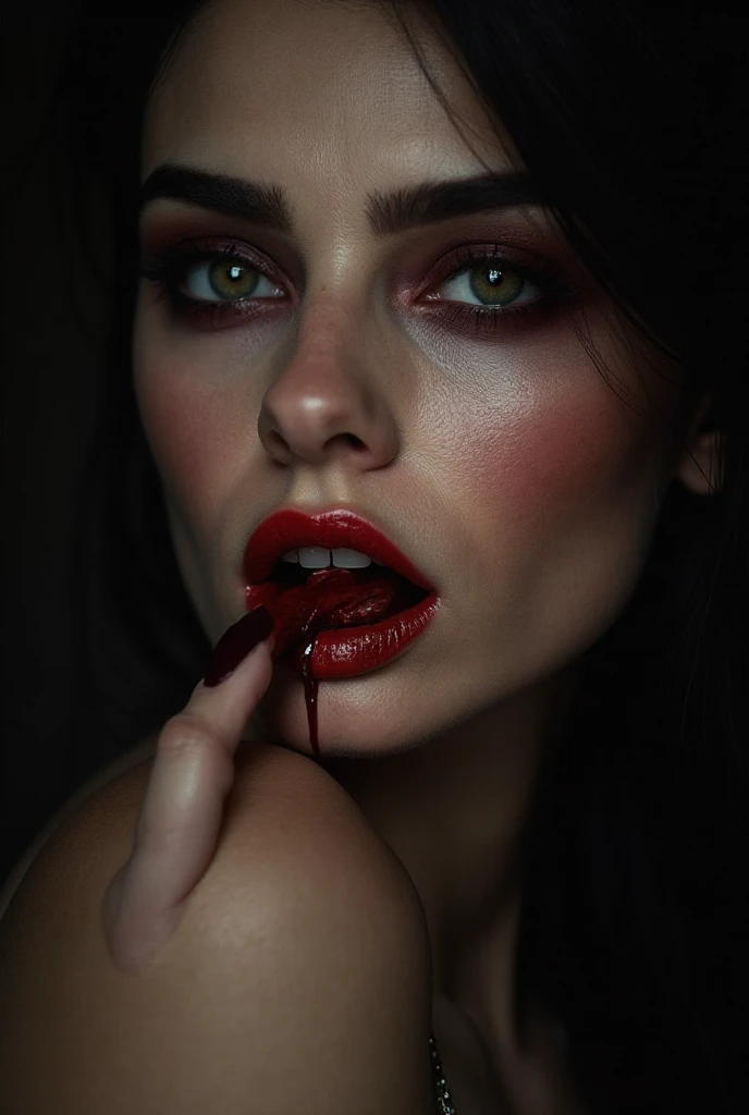 Create an image of a stunningly beautiful perfect fantasy girl, Stunningly gorgeous beautiful perfect face, perfect makeup, lipstick, curved eyebrows, long luscious eyelashes, black eyeliner, long luscious hair, smiling teeth showing, craxy eyes, curved hour glass body figure, gigantic natural breats, showing clevage, dirty blood on , covered in blood. Blood all over skin,