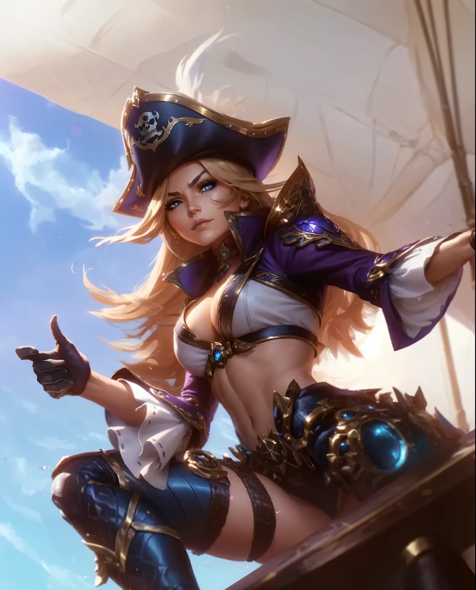 (League of Legends:1.5), pool party orianna, breasts, smile, short hair, blue eyes, multiple girls, blonde hair, brown hair, hair ornament, hat, 2girls, jewelry, hair flower, dark skin, water, hair over one eye, bracelet, official alternate costume, dark-skinned female, ocean, joints, watercraft, waves, pirate hat, shark, surfboard, dolphin