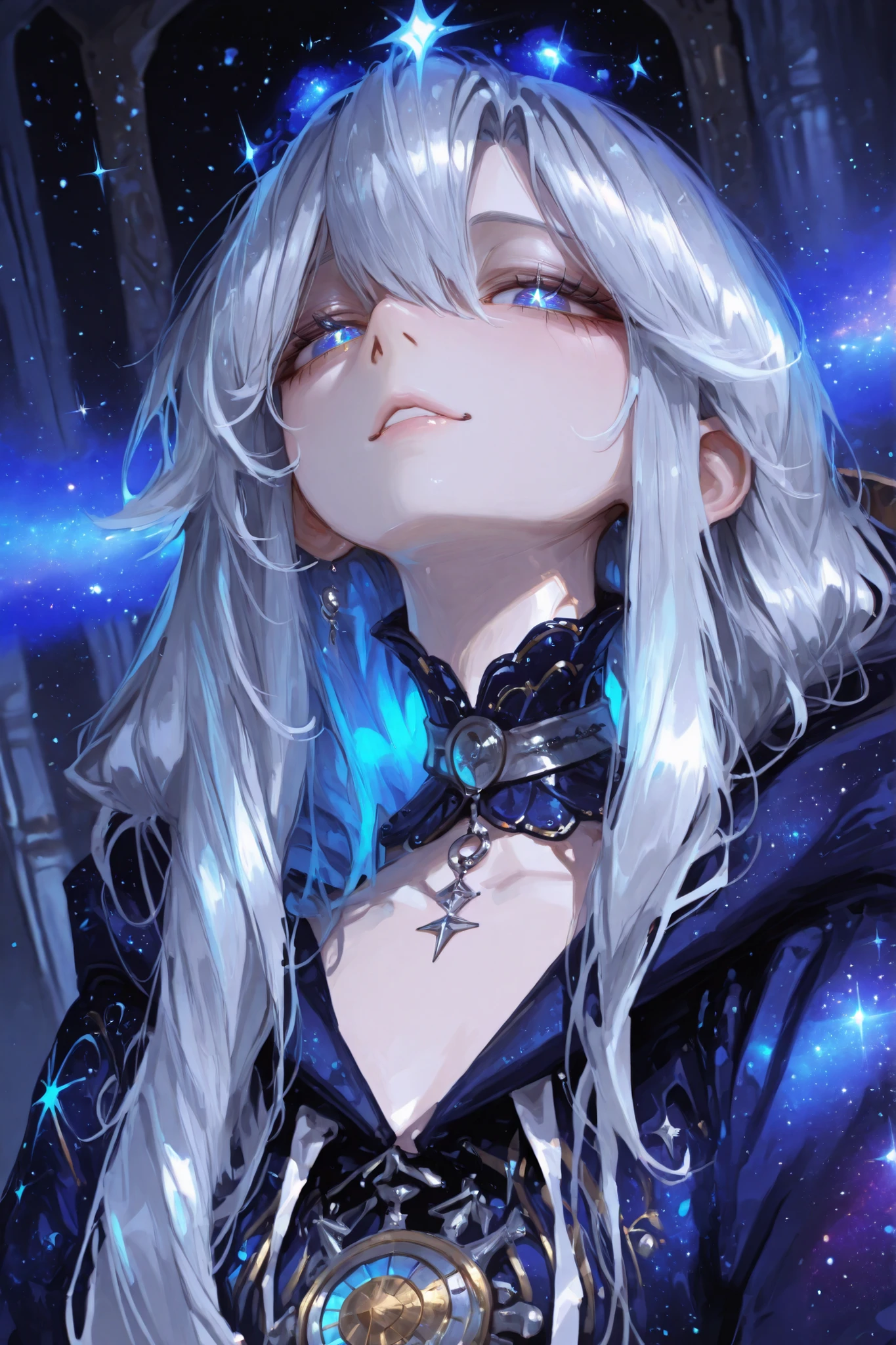 (masterpiece, best quality, ultra-detailed), (photorealistic:1.2), (1girl, solo:1.1), (beautiful intricate face:1.5), (highly detailed eyes:1.4), sharp focus, (upper body portrait), looking at viewer,
(Astra Meridian, Aeon mythic path:1.2), (long flowing silver hair with glowing strands:1.2), (glowing blue cosmic eyes with starry pupils:1.3), serene and detached expression, pale flawless skin,
wearing (ornate collar of an elegant dark blue and silver mage robe with starry patterns:1.2), celestial diadem on forehead,
(softly blurred background of a grand arcane observatory:1.1), beautiful lighting, cinematic lighting, rim light