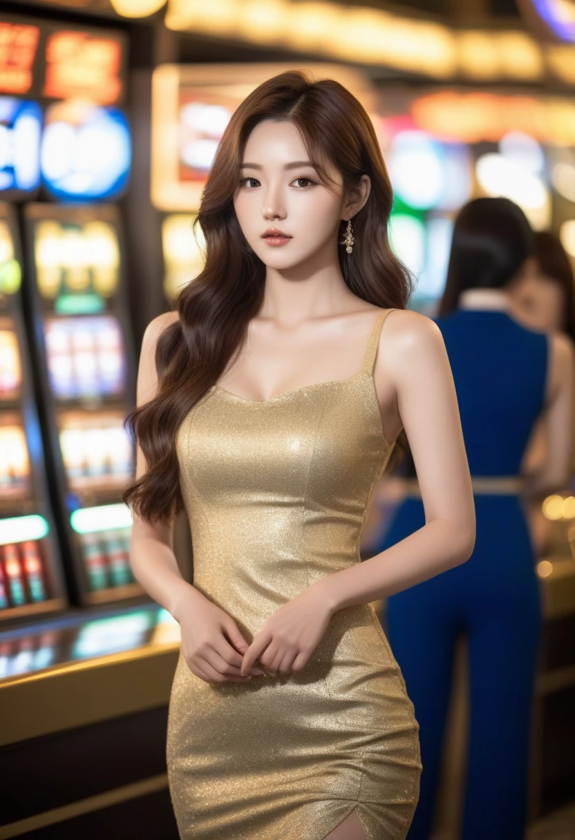 individual，young girl，23 years old, （（ esports players）），fine hair, Detailed faces, full的身材，long hair，full, Short hair details, long legs，Short , Beige vest，slot machine