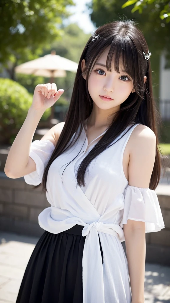 , High school girl idol、, Realistic , Portrait photography best quality、 Super detailed、High resolution、, Super detailedな, Long Hair、Straight bangs, Light blonde hair, Shrine maiden, White Chinese Dress、Gray Background、Bring to the front、Proudly,　Fair-skinned girl, Gentle junior high school student's baby pink , , Big  Same, There is a mole on the , necklace, 20-year-old, , The background is moon white, Brown eyes, Beautiful high school girl, Gray Background, , Show the left and right  properly, , Buried , Slim, A face enduring the cold, Curly/Natural Hair, 
