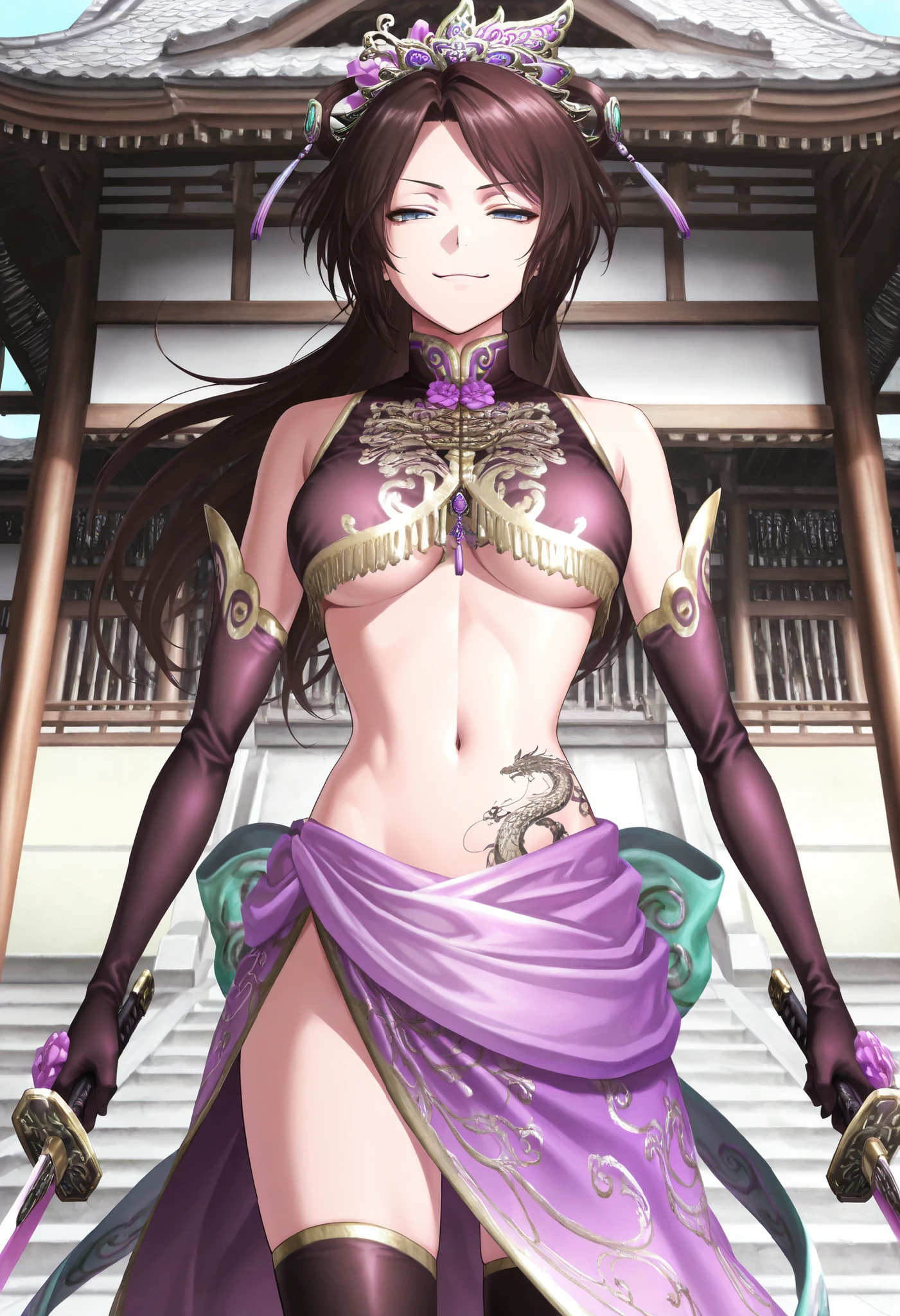 Masterpiece,top quality,amazing quality,
Diaochan,
1girl,alone,Brown Hair,long hair,Half updo,bangs,Blue Eyes,Purple Headdress, Purple Tassel ,Purple Crop Top,Split Purple Sleeves,purple gloves ,Purple Sheer Wrap Skirt,Black Legwear,
headdress, Dress, flower, 벛flower나무, wind, prairie, japanese architecture, temple, smiling, smirk,
underboob, , navel , holding a sword, sword , medium , dragon tattoo on waist, narrowed eyes, tattoo on waist, anipai_style , anime screencap , anime coloring, v-shape eyebrows,,