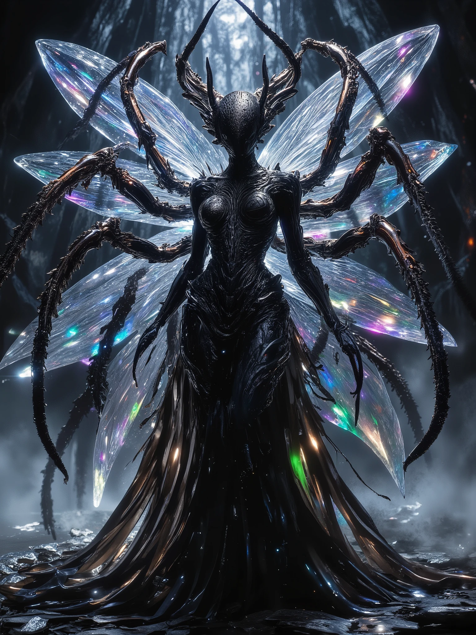 Erotic composition of a dominating insect queen, human face, alluring female silhouette fused with arachnid attributes, imposing and menacing stinger, skin textured like black silk, elegant appendages, crystalline nest with rainbow reflections, mysterious mist, atmosphere both dangerous and attractive