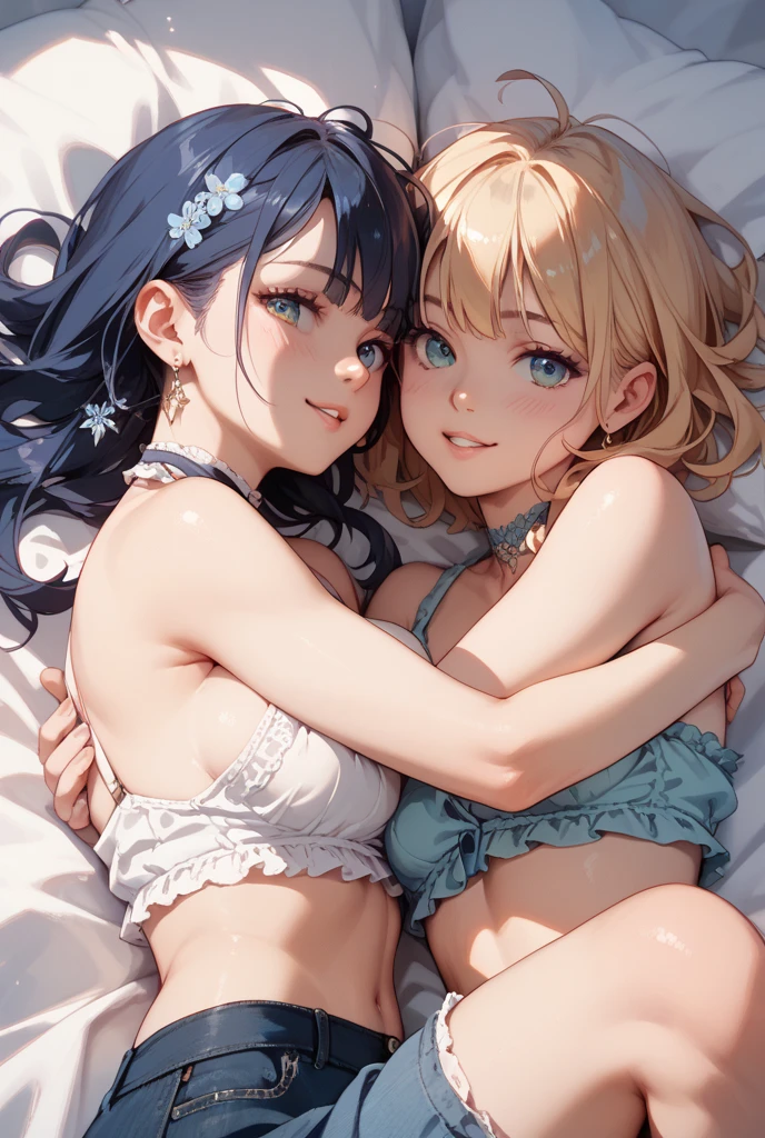 8k、best quality、masterpiece、Very detailed、Ultra-high resolution、((5-people))、5 girls、blond、(((on the bed)))、blush、wearing camisole、Bare shoulders
