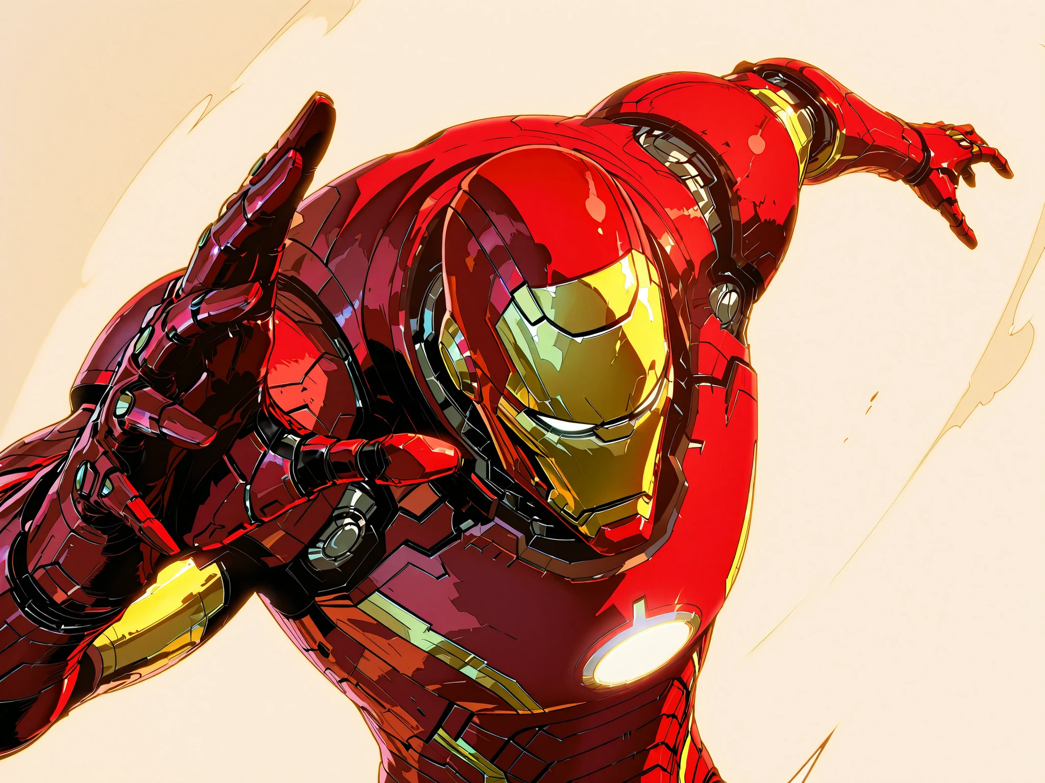 Iron man (marvel, Iron man), man, perspective, Dynamic stance, upperbody, close up, Masterpiece, newest, vibrant, very aesthetic, high contrast, best quality, solo leveling artstyle