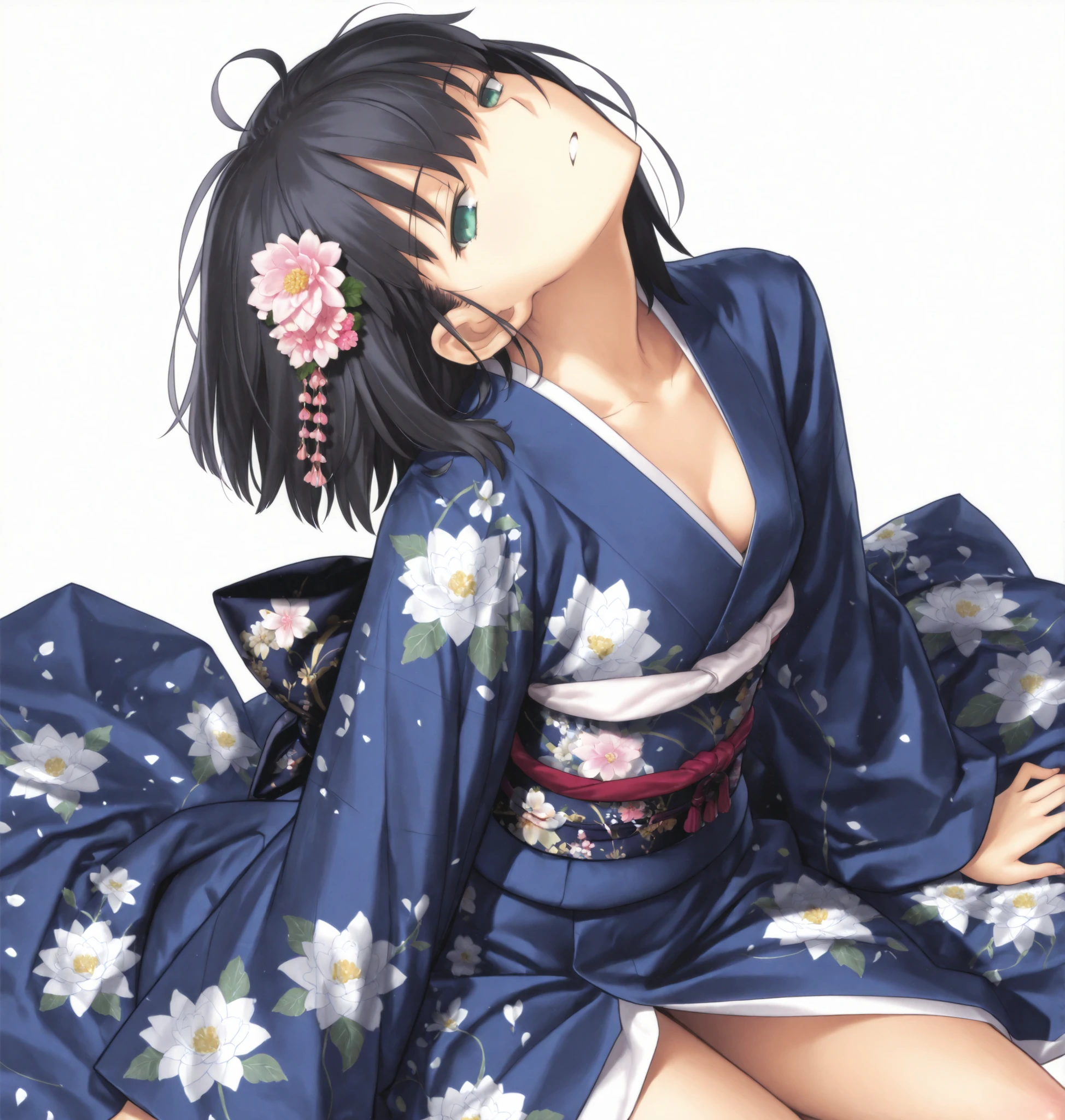 masterpiece, , absurdres, highres, detailed background, high resolution, masterpiece, necessary, detail, best quality, quality, necessary, details, High details, Precise, , simple background, ((from above)),close up face ,
1girl, (type-moon,) style, Takeuchi Takashi style, (aged up:1.2) ,() ,head tilt , light head back, sitting (yokozuwari),
tall girl, 1girl ,solo ,(slim body, ),((wolf cut hair)), medium hair, blue green eyes, half-closed eyes, black hair, hair ornament, ((detailed kimono)), blue kimono, flower printed kimono, ,looking at viewer, ,(small breasts), flat chest, ((simple background ,white background)) ,