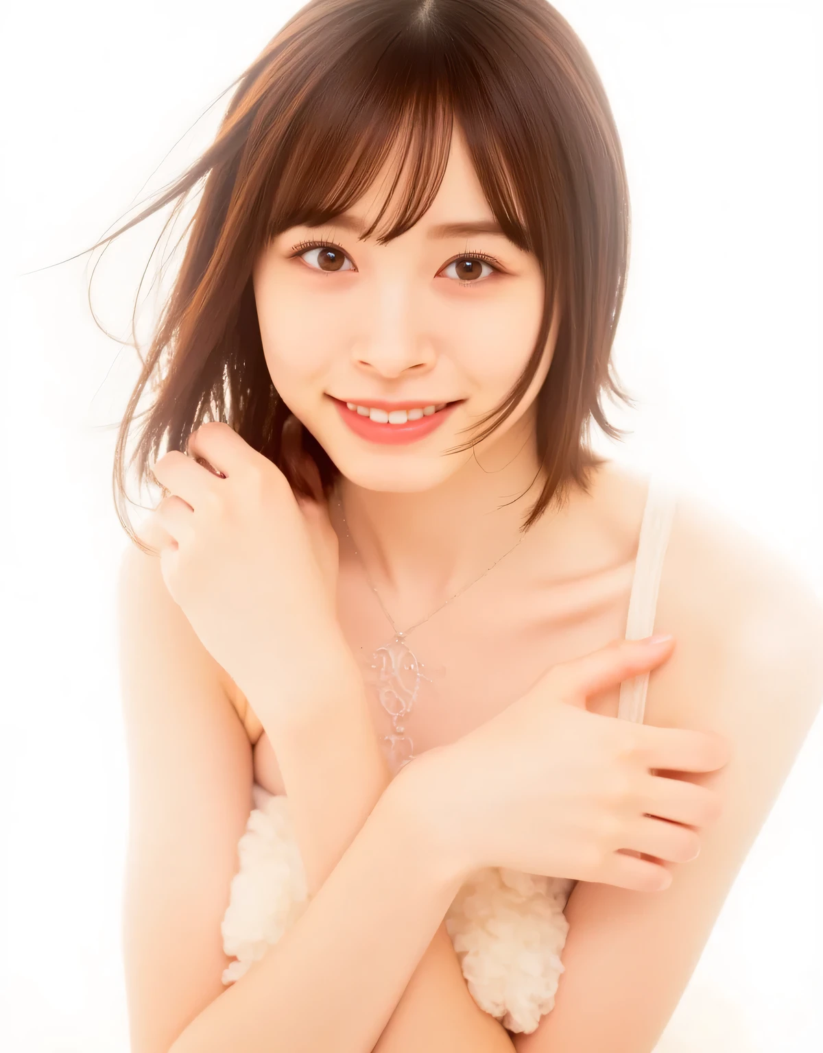 The character's pose, with both arms covering her , is dynamic. The flowing brown hair, which appears wet, emphasizes the warmth. This anime-style illustration depicts a female character. The character's pose is dynamic, suggesting action and movement. Against a pure white background, the overall color tone is warm and natural. The lighting is soft, and close attention is paid to the character itself, enhancing the glossy texture of the skin. The overall color tone is warm and natural. The image casts gentle highlights and shadows over the entire body. The water droplets visible on the skin enhance the glossy texture. The overall color palette is warm and natural, creating an intimate and direct perspective, while maintaining the refined and smooth art style characteristic of digital illustrations in the anime genre. {X}