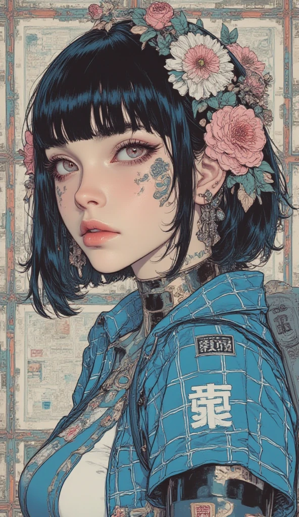 Create magazine cover with my Konan real woman hyperrealistic Hyperrealism as the protagonist of the cover and with background texts as if it were a real magazine. hyperrealistic. Hyperrealism. live action magazine. . short purple hair . realist. magazine. big neckline. Huge prices. Black sweatshirt with high collar open on the  and embroidered red clouds .large open neckline in the center.semi- 