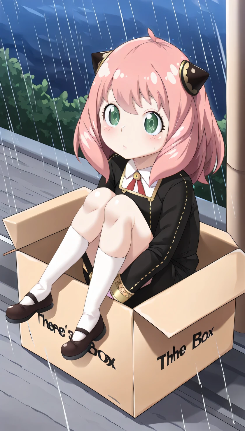 (little girl camps under a bridge on a rainy night:1.5) ,{{{masterpiece}}}, (best quality:1.5), (ultra-detailed:1.5), {illustration}, {{an extremely delicate and beautiful}}, (beautiful detailed eyes:1.6), absurdres, highres, extremely detailed face, 16k, hd, visual anime de uma jovem mulher, extremamente bonito rosto de anime, anime melhor garota, (perfect hands, perfect ), anime face, Anya Forger(Spy x Family), 1girl, solo, cute face, loli, slender, pink hair, medium hair, hairpods, front hair, flushed cheeks, green eyes, short of a person, small , (short legs:1.3), big , curvaceous, BREAK, {school uniform}, black dress, collared shirt, eden academy school uniform, long sleeves, black sleeves, gold trim, red ribbon, white socks, black shoes, BREAK, (There's a girl in the box:1.5), (insidebox, in box, in container, cardboard box:1.5), gift, brown box, Sit, outdoor, (night:1.2), (rain:1.3), road, telephone pole, wall, expressionless, (soaked:1.2)