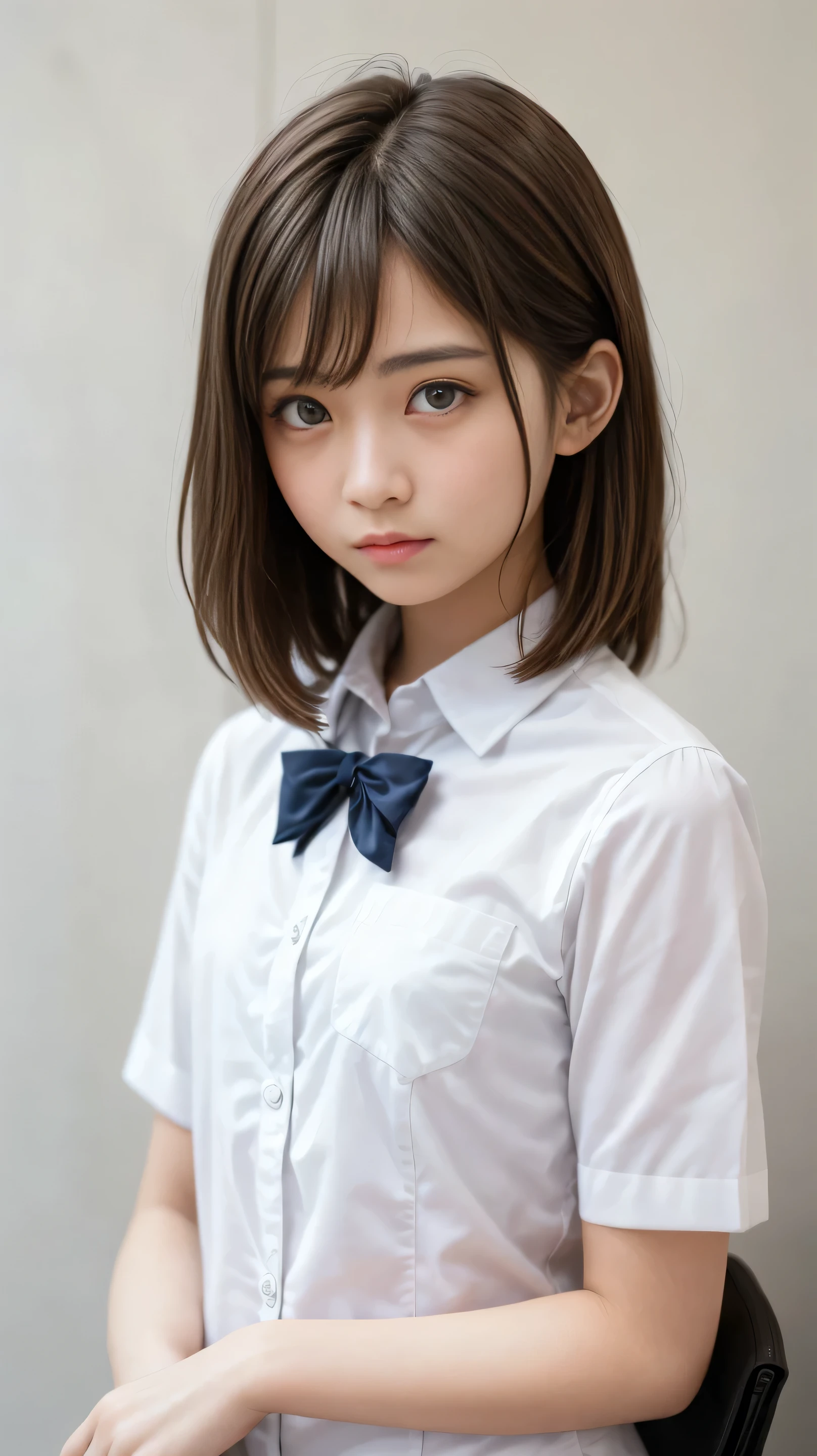 (of the highest quality、masterpiece)、white background、Blurry Background、1girl、beautiful girl、small breasts、Shyness、red blush、ultra high res、Beautiful Woman、Cute Little、 solo、Japanese woman、((15-year-old student、high school girl、very young beautiful girl model))、bright expression、photo-like realism、非常にbeautiful girl、beautiful face、(PureErosFace)、glowing white skin from left side、light brown straight hair、 thin hair、 charming beautiful brown eyes 、double eyelids、とてもsmall breasts、fashion girl。wearing a white shirt。close-up portrait。Healthy Face。skin care cosmetics、professional lights, depth of field、Model Shooting Style,