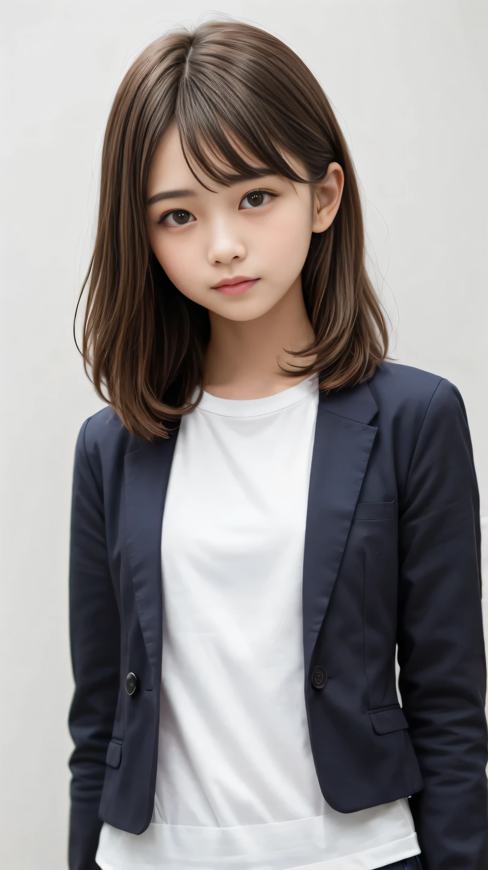 (of the highest quality、masterpiece)、white background、Blurry Background、1girl、beautiful girl、small breasts、Shyness、red blush、ultra high res、Beautiful Woman、Cute Little、 solo、Japanese woman、((15-year-old student、high school girl、very young beautiful girl model))、bright expression、photo-like realism、非常にbeautiful girl、beautiful face、(PureErosFace)、glowing white skin from left side、light brown straight hair、 thin hair、 charming beautiful brown eyes 、double eyelids、とてもsmall breasts、fashion girl。wearing a white shirt。close-up portrait。Healthy Face。skin care cosmetics、professional lights, depth of field、Model Shooting Style,