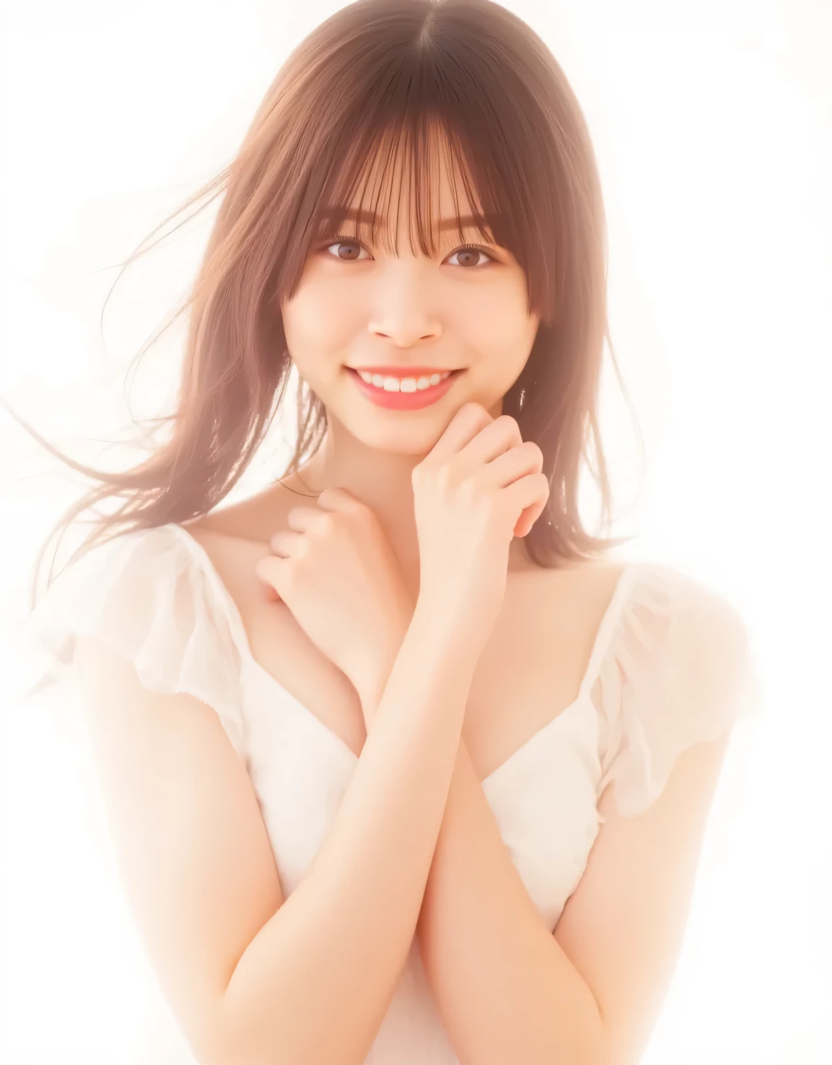 The character's pose, clutching and kneading her , is dynamic. The flowing brown hair, which appears wet, emphasizes warmth. This anime-style illustration depicts a female character. The character's pose is dynamic, suggesting action and movement. Against a pure white background, the overall color tone is warm and natural. The lighting is soft, and close attention is paid to the character itself, enhancing the glossy texture of the skin. The overall color tone is warm and natural. The image casts gentle highlights and shadows over the entire body. The water droplets visible on the skin, the overall color palette is warm and natural, enhancing the glossy texture of the skin. This shower and beach scene creates an intimate and direct perspective, while maintaining the refined and smooth art style characteristic of digital illustrations in the anime genre.