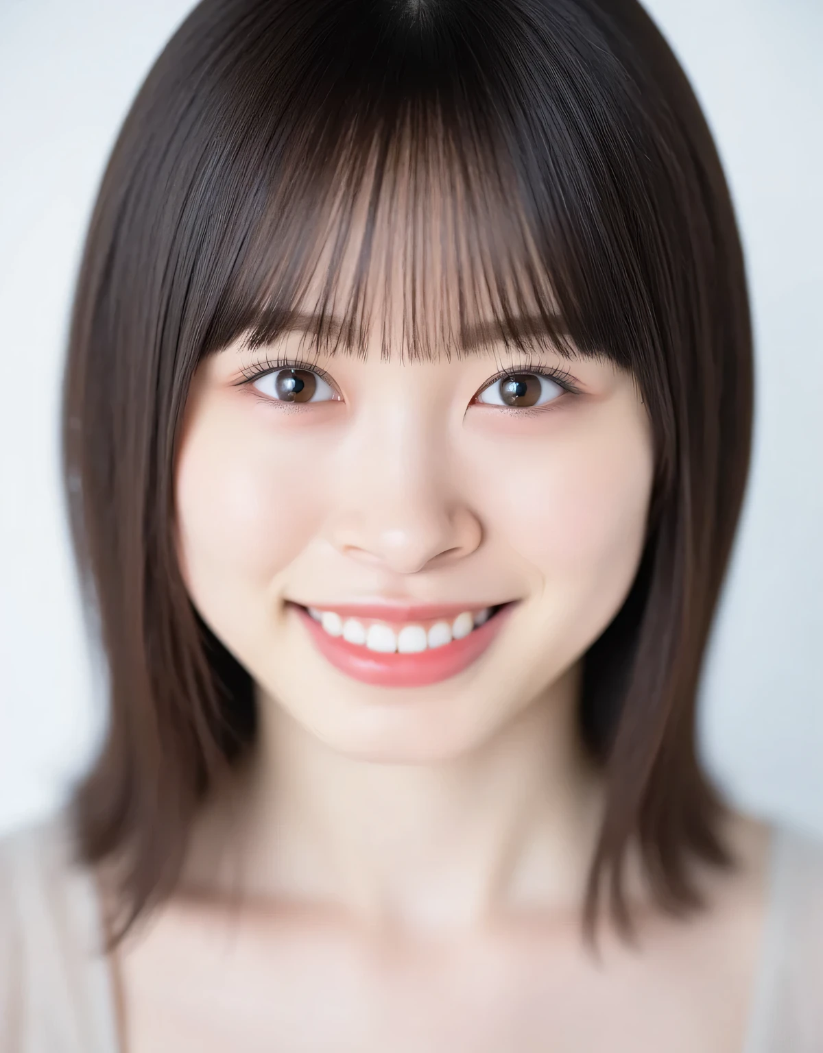 8K, high quality, reality, ((staring)), ((focus on face)), ((close-up)), front view, Japanese woman, smiling, ((, dark brown hair, straight hair)), beautiful collarbone, nude, unedited, live action, authentic, cute young girl, beautifully reflective eyes, beautifully detailed lips, very delicate eyes and face, long eyelashes, bright smile, simple white background, natural light