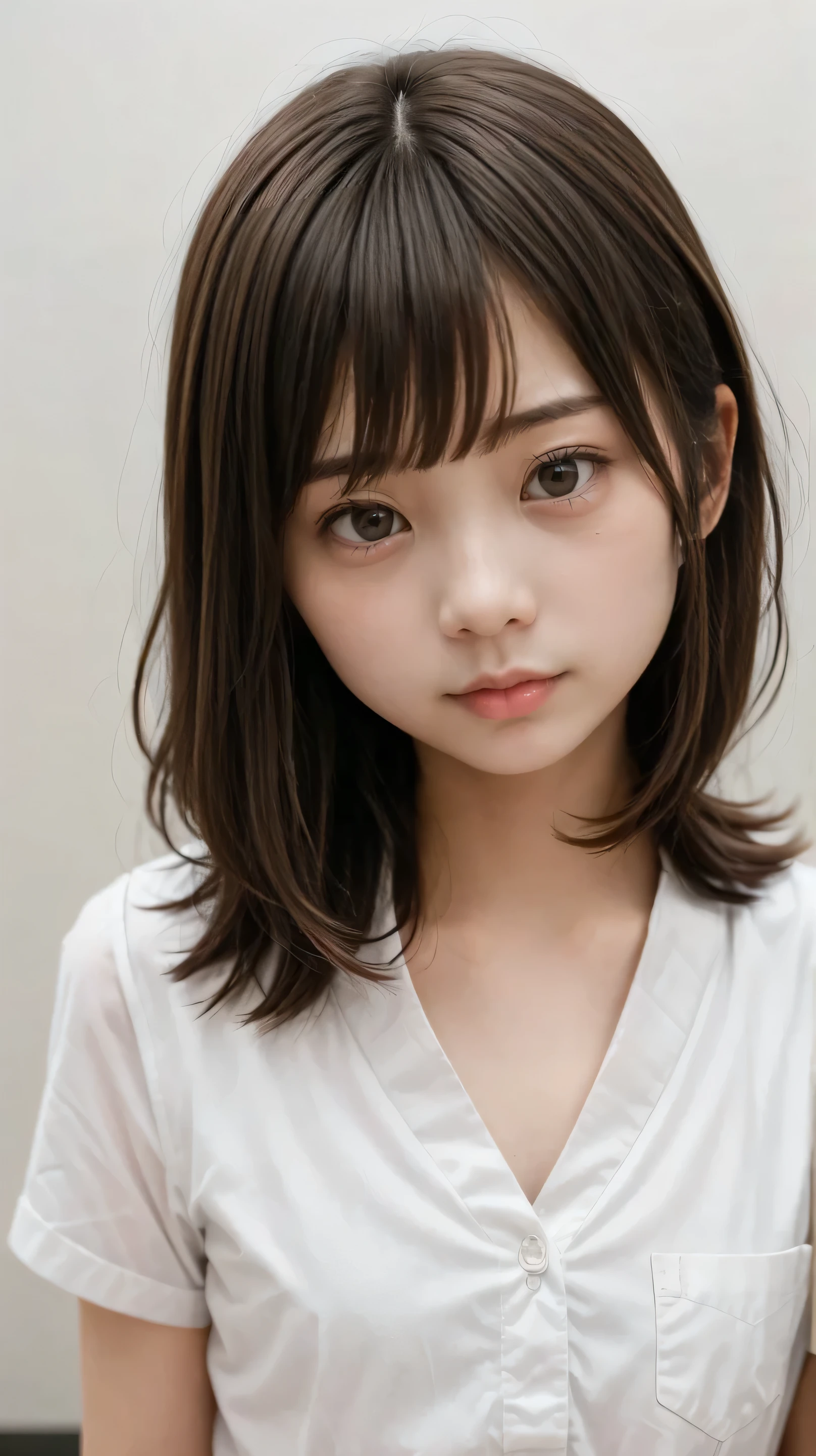 (of the highest quality、masterpiece)、white background、Blurry Background、1girl、beautiful girl、small breasts、Shyness、red blush、ultra high res、Beautiful Woman、Cute Little、 solo、Japanese woman、((12 year old student 、Female Middle School Student、very young beautiful girl model))、bright expression、photo-like realism、非常にbeautiful girl、beautiful face、(PureErosFace)、glowing white skin from left side、light brown straight hair、 thin hair、 charming beautiful brown eyes 、double eyelids、とてもsmall breasts、fashion girl。wearing a white shirt。close-up portrait。Healthy Face。skin care cosmetics、professional lights, depth of field、Model Shooting Style,