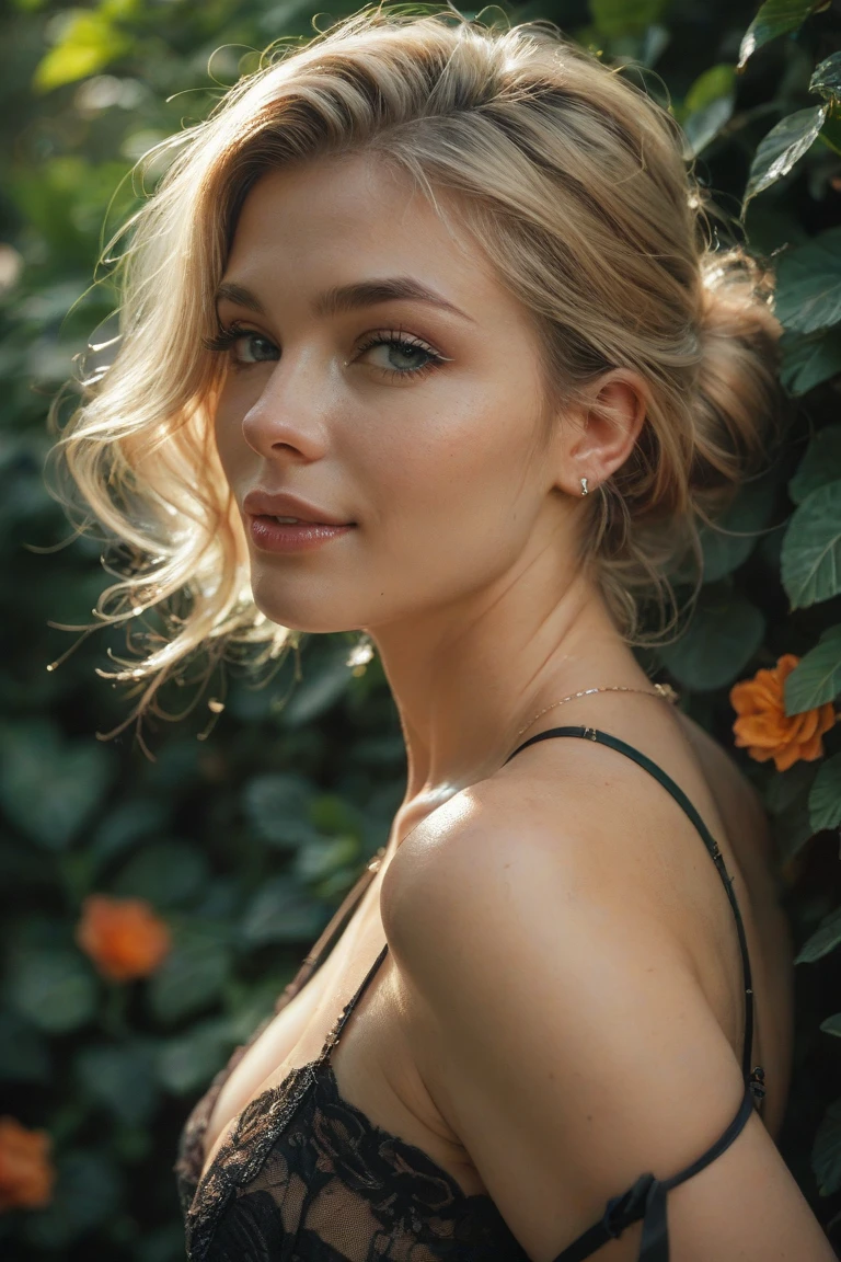 beautiful girl wearing a black dress, blonde hair, ???? (beautiful girl,blonde hair:1.1,????), detailed facial features (detailed eyes, detailed lips:1.1), vibrant colors (vivid colors), high-resolution image (best quality, highres), in a garden (in a garden), soft lighting (soft lighting), with a dreamy atmosphere (dreamy atmosphere), captured in a realistic painting style (realistic painting style), surrounded by blooming flowers and lush greenery (blooming flowers, lush greenery), with a gentle breeze (gentle breeze) blowing her hair, creating a sense of movement (sense of movement), and emphasizing her captivating presence (captivating presence).