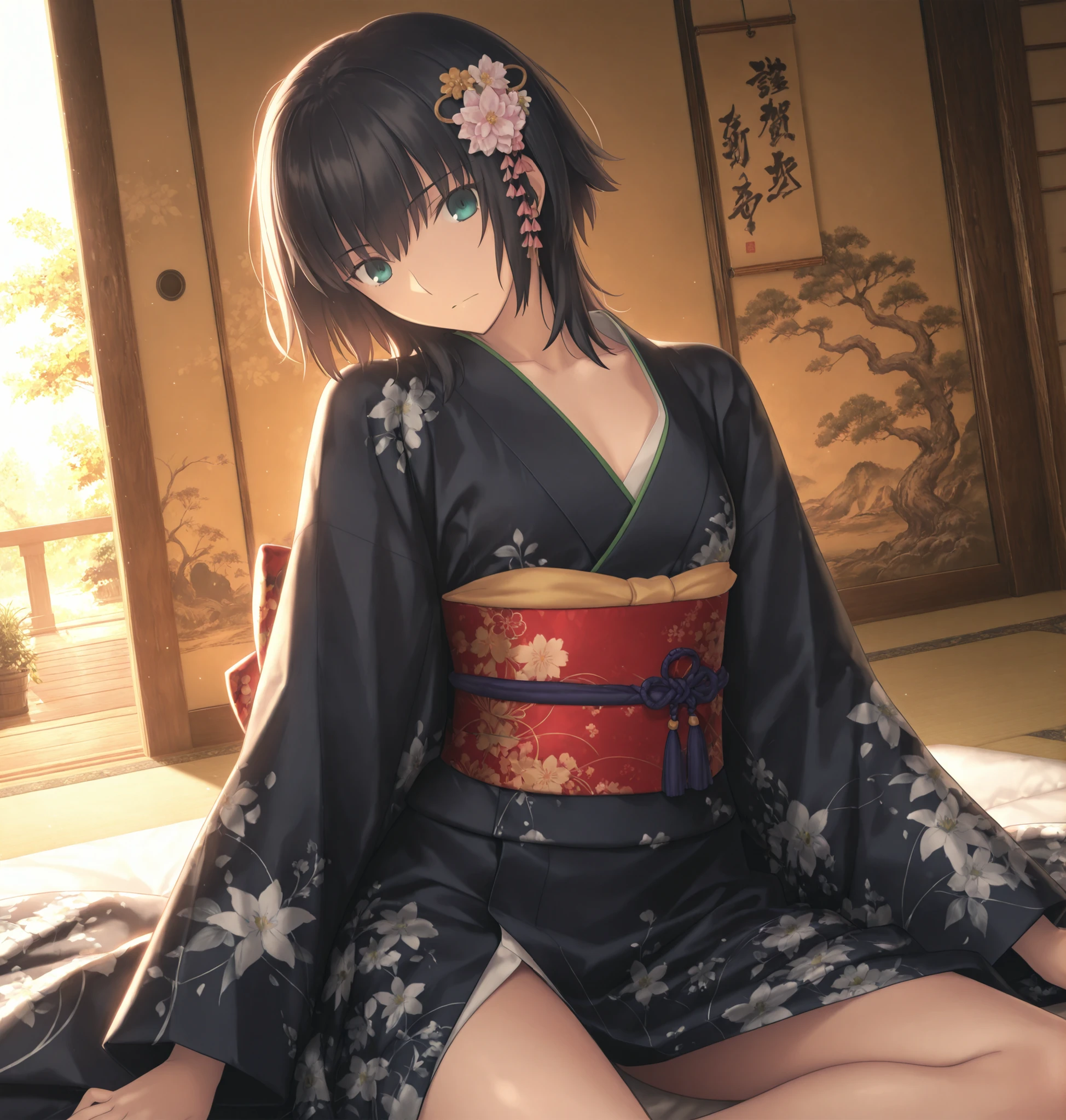 masterpiece, , absurdres, highres, detailed background, high resolution, masterpiece, necessary, detail, best quality, quality, necessary, details, High details, Precise, , simple background, dynamic angle , ,close up face ,
1girl, (type-moon,) style, Takeuchi Takashi style, (aged up:1.2) ,() ,head tilt , , sitting (yokozuwari),
tall girl, 1girl ,solo ,(slim body, ),((wolf cut hair:1.2)), medium hair, blue green eyes, j, black hair, hair ornament, ((detailed kimono)), dark kimono, , ,looking at viewer, ,(small ), flat , ((detailed background)) ,