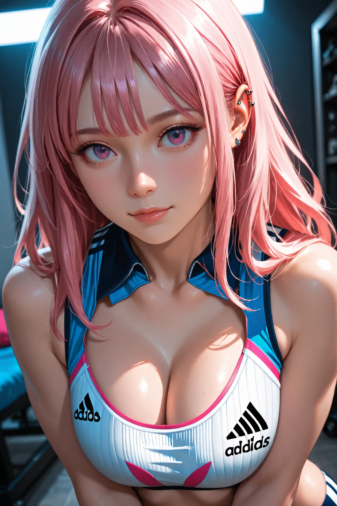 Track jacket、girl with、Colossal tits、top-quality、beautiful a girl、​masterpiece、long、blue eyess、Pink hair、Beautie、　a smile