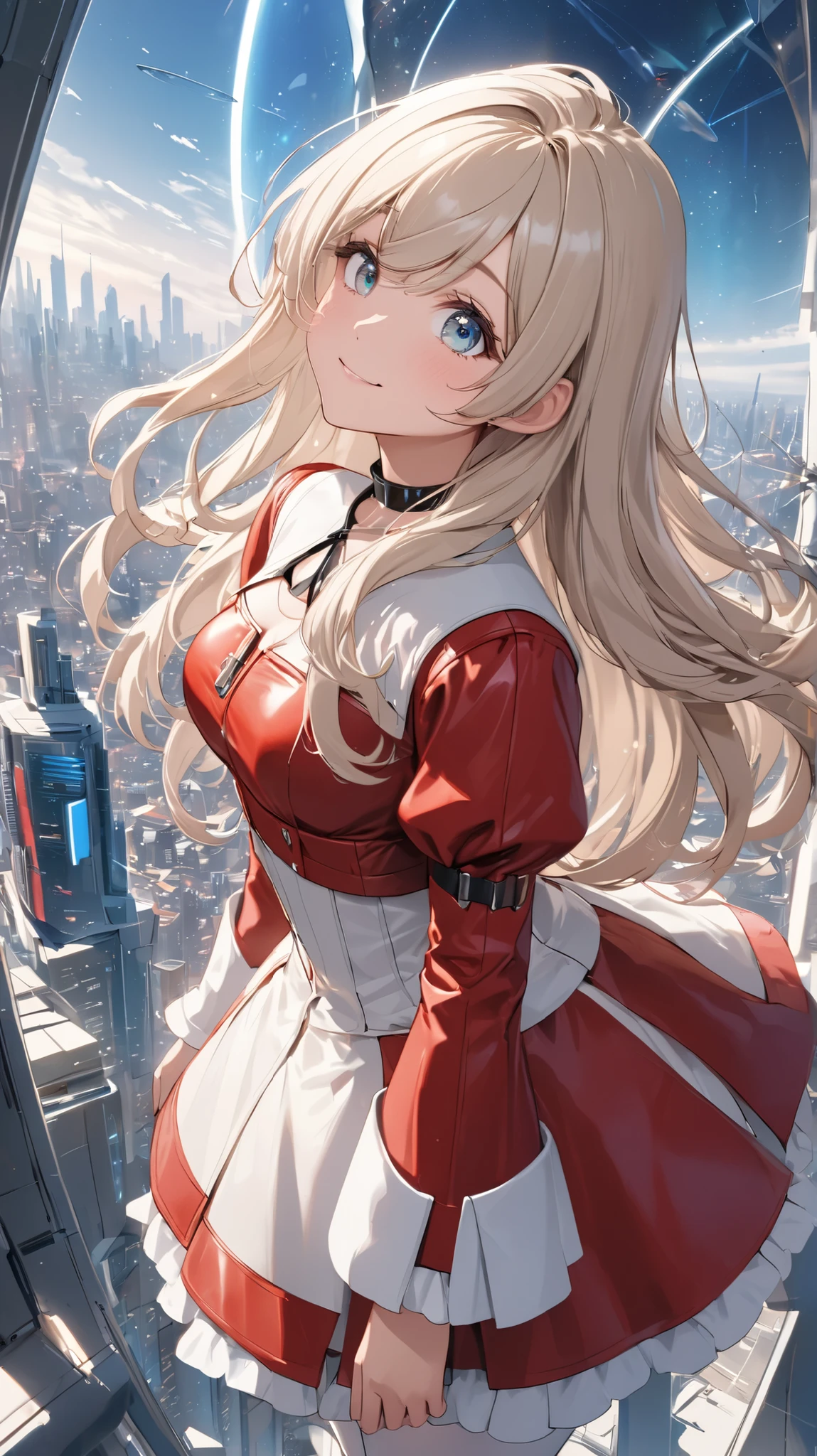 chest to top close-up , cute beautiful girl, Beautiful Pretty Curvy Teenage Face , red leather mini dress, Short Bolero Jacket with Juliet Sleeves , Pioneer Choker , Platinum Blonde Long Hair, beautiful eyes. White Knee High Stockings, thick soled short boots, A girl stands in the background overlooking a futuristic cityscape ,Looking Up at Viewers,gentle smile