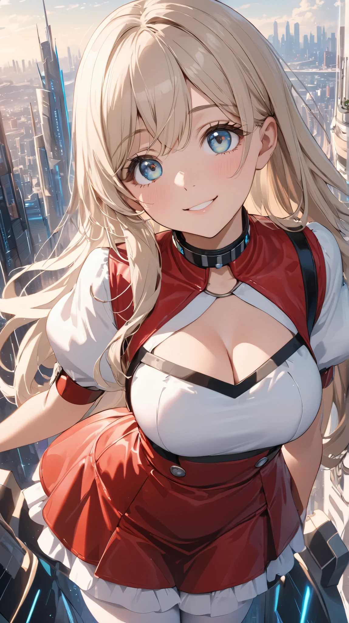 chest to top close-up , cute beautiful girl, Beautiful Pretty Curvy Teenage Face , red leather mini dress, Short Bolero Jacket with Juliet Sleeves , Pioneer Choker , Platinum Blonde Long Hair, beautiful eyes. White Knee High Stockings, thick soled short boots, A girl stands in the background overlooking a futuristic cityscape ,Looking Up at Viewers,gentle smile
