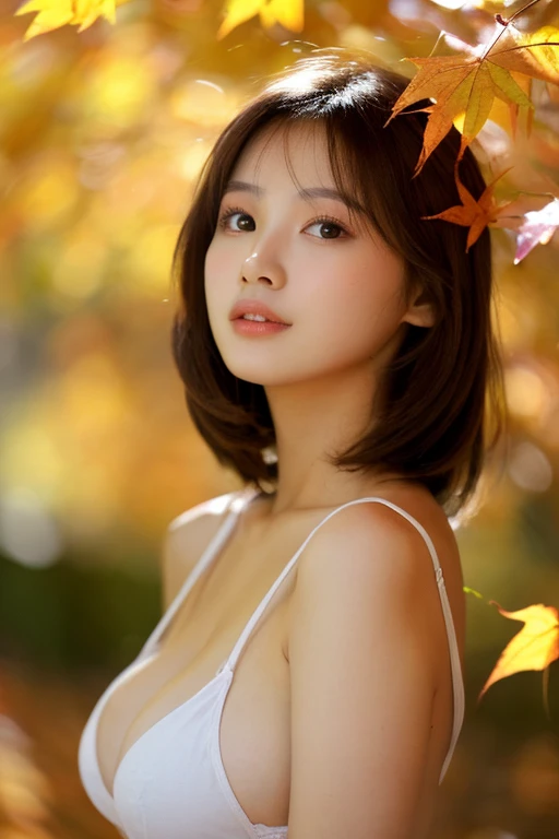 Beautuful Women、18year old 、body shot、Colored leaves、lake、NSFW、nudde