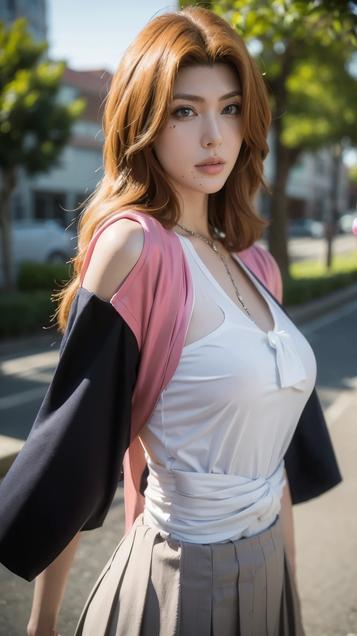 Ultra-realistic half-body portrait of Rangiku Matsumoto from Bleach, depicted in a modern Japanese school uniform. She has long, silky strawberry-blonde hair flowing over her shoulders, fair flawless skin, and striking blue eyes that shine with confidence and playfulness. She wears a neatly fitted white blouse with a sailor-style collar, a red ribbon tied at the front, and a pleated navy skirt visible from the waist down. The blouse fabric shows realistic folds and texture, with subtle light reflections enhancing the material. Her expression is charming and slightly mischievous, lips curved into a soft playful smile. Background softly blurred, emphasizing her presence. Hyper-detailed textures, cinematic lighting, photorealistic, 8K resolution, masterpiece quality