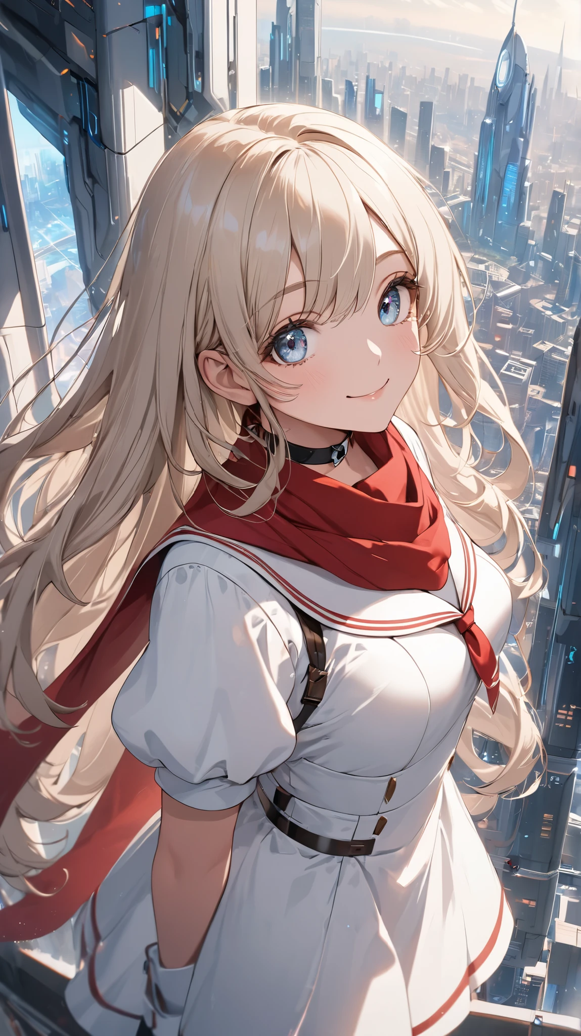 chest to top close-up , cute beautiful girl, Beautiful Pretty Curvy Teenage Face , A girl in a white sailor mini dress, Short Bolero Jacket with Juliet Sleeves , red scarf,Pioneer Choker , Platinum Blonde Long Hair, beautiful eyes. White Knee High Stockings, short boots, stands in the background overlooking a futuristic cityscape ,Looking Up at Viewers,gentle smile