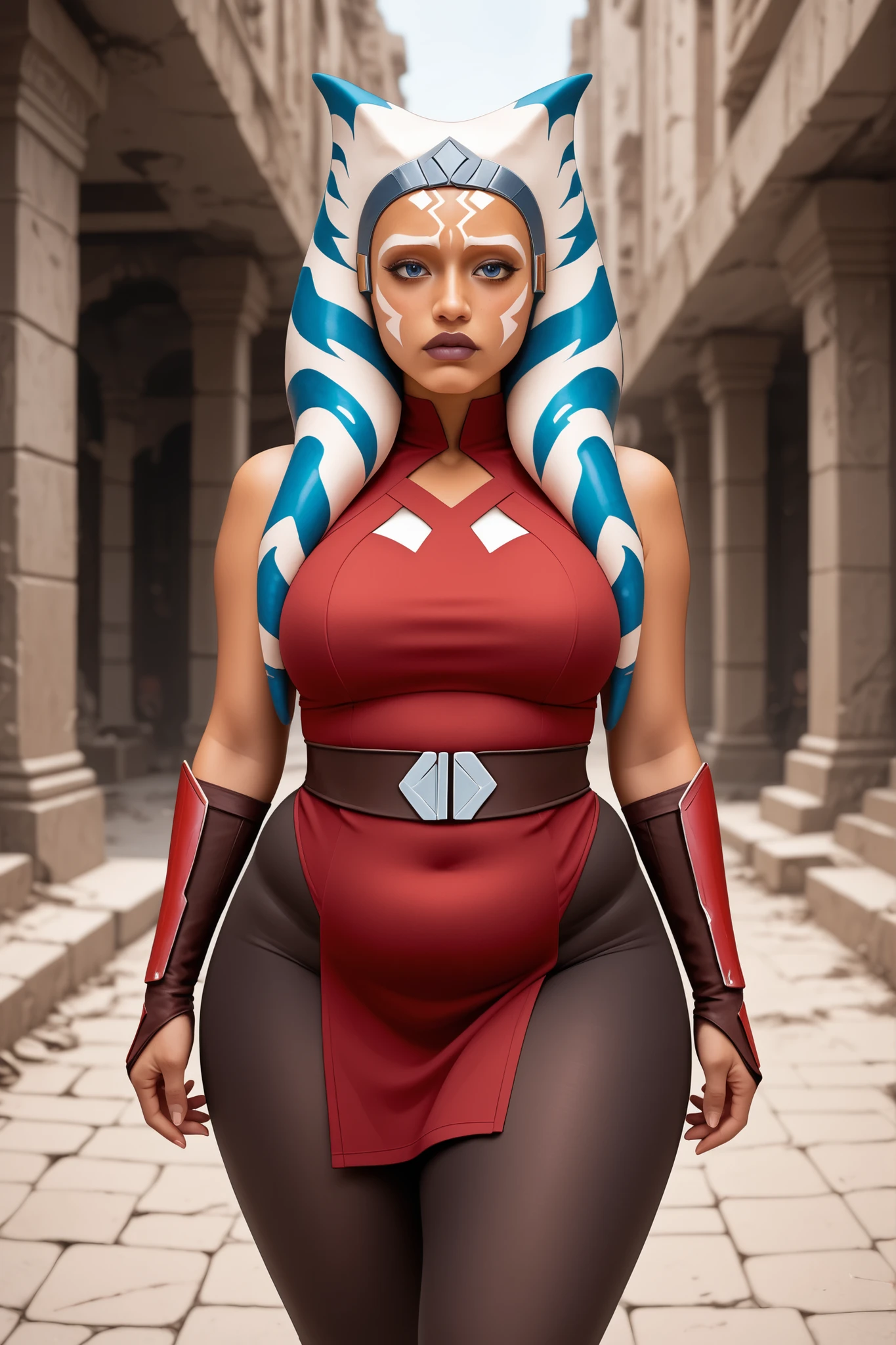 Ahsoka tano Star Wars on ruins of war, sovietic, adult, curvy, thick, chubby, overweight, embarrassed, Ahsoka's outfit, wearing her tights, fully clothed, hands on her belly, wide hips, thick thighs. orange skin, shy, embarrassed, star wars outfit, wanderer outfit,