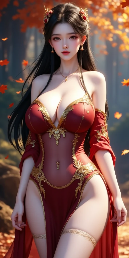 (Best Quality, 8k, 32k, Masterpiece, UHD:1.5), Photo of Attractive Japanese Woman, 1 Girl, (gigantic ?????:1.2), (long wavy hair), Abs, Perfect Body, Ultra Detailed Face, Detailed Lips, Fine Eyes, double eyelids, red tight dress, nature background.