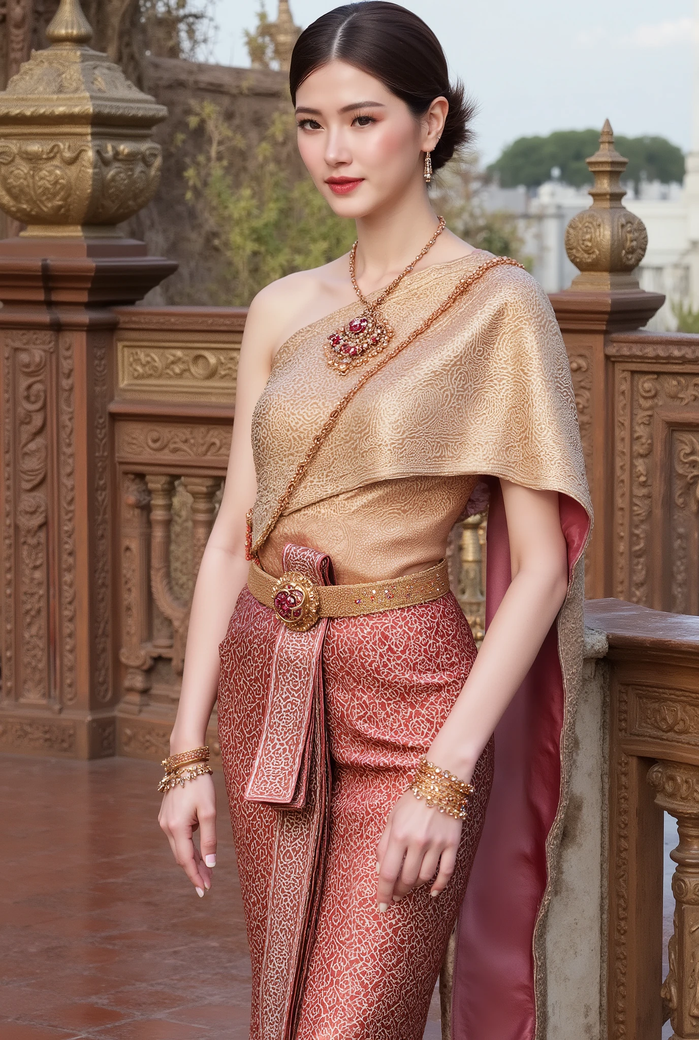 The young woman has a bright, calm, and elegant smile. Her hair is tied in a high bun and adorned with a gold hairpin. She wears a traditional Thai dress, revealing her smooth, beautiful abdomen. The outfit consists of a gold Thai-patterned chest plate adorned with sparkling red diamonds, gold Thai-patterned shoulder jewelry, layered gold necklaces, gold bracelets, a belt, and a Thai silk skirt (cho pla rayen). The details are clearly visible and realistic, just like her outfit. The sarong is decorated with intricately woven patterns, embellished with gold and pleats, and wraps naturally around her waist and legs. She holds an open antique gold fan in her hand. Her fingers are clearly visible, elegant, and anatomically correct, with no distortion. Missing or extra fingers are visible. The skin tone, lighting, and shadows are realistic. She sits on an ornately decorated antique wooden chair, her legs slightly crossed, wearing beige high heels, and facing the camera diagonally. Behind me is an antique record player with a gold horn-shaped speaker. To her right, two other women sit on a striped red carpet, facing each other. One woman has her back mostly to the audience, while the third receives a gentle shoulder massage. Both wear Thai sarongs in earth tones of brown, red and beige, adorned with intricate geometric and floral patterns. Their hair is tied in neat buns. Their faces express gentleness and grace, emphasizing their peaceful interaction. A Siberian Husky (dressed in beautiful Thai attire) rests at the feet of a woman seated on a bench. **Environment and Objects:** Background: A golden teakwood balcony by the water is intricately carved with Thai motifs. The actual Suphannahong Royal Barge (please use the original image for re-creation) is a stunning sight. This intriguingly detailed boat, adorned with intricately carved swan heads and a pointed golden flag at the stern, is the main attraction. The oarsmen, dressed in deep red costumes and matching golden he