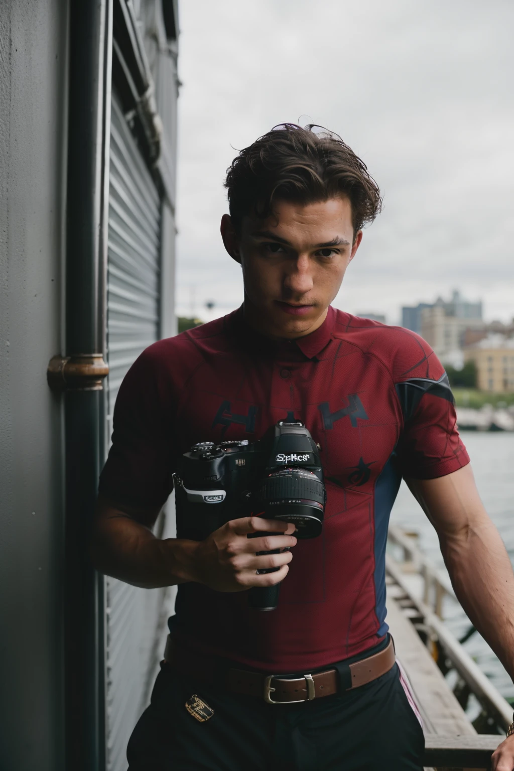 https://sora.chatgpt.com/g/gen_01jw7xshwpepst9k6sybxh12sx, A hyper-detailed DSLR photograph of 2 GUY: YOUNG TOM HOLLAND AND HIS SPIKER SON OF GOD OF WAR. THEY is looking up slightly with a smug look looking at the camera. The background is just white. Super contrast. scanned film photo look. SHORT POLO SHIRT, raises shirt, dad hug son