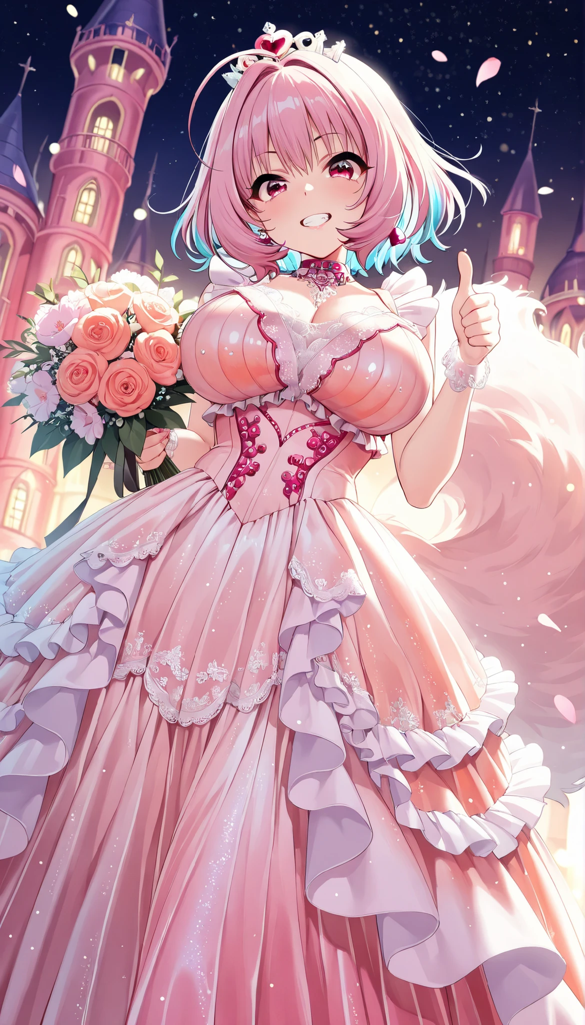 (Best Quality, super detailed, masterpiece, 8k, 16k, Wallpaper, Anatomically correct, fine detailed skin, fine detailed eyes, fine detailed hands, Accurate hands), beautiful night plain, starry sky, hight brightness, hight contrast, dazzlin light, 1 girl Standing against the backdrop of a (beautiful cinderella castle), (yumemi riamu), medium brasts, pink lips, grin, thumbs up, solo, looking at viewer, Holding a bouquet of pink flowers, fantasy art, (salmon pink color princess dress:1.5), (beautiful fluffy long dress with intricate and detailed embroidery:1.4), (lots of frills and lace clothes:1.5), shiny glossy gradient iridescent clothes, princess tiara, earrings, hair ornaments, (beautiful long eyelashes), flower petals, Colorful light particles, detailed background, Depth of Field, bokeh, moya, lens flare, film reflections, a fantastic atmosphere, neon_silhouette