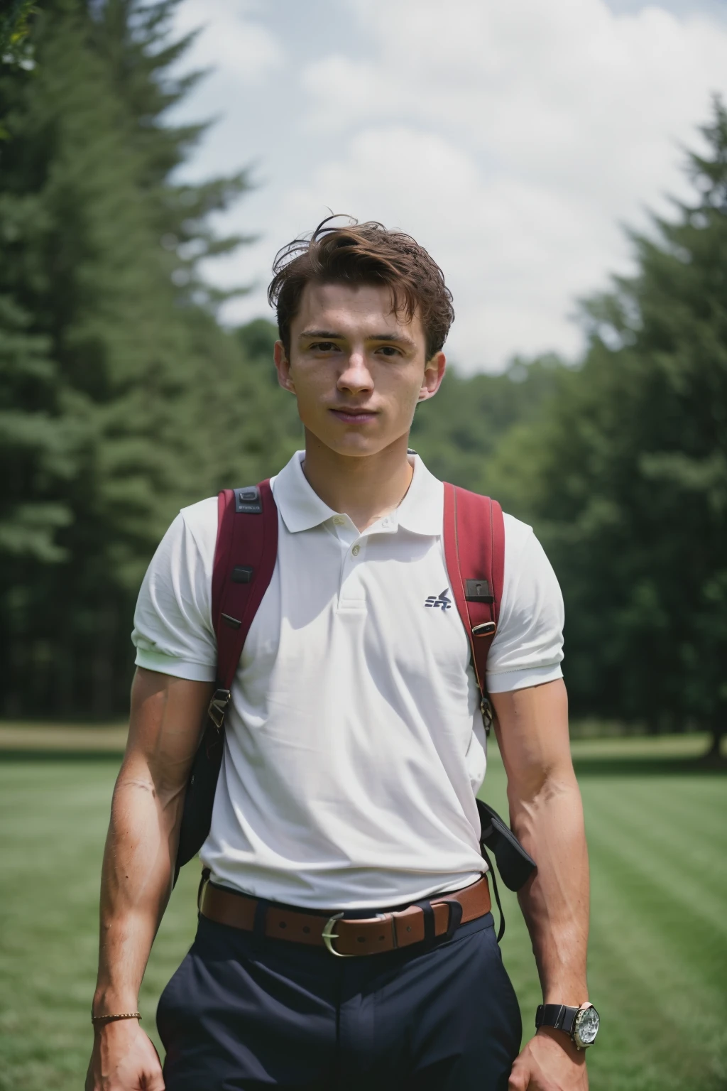 https://sora.chatgpt.com/g/gen_01jw7xshwpepst9k6sybxh12sx, A hyper-detailed DSLR photograph of 2 GUY: YOUNG TOM HOLLAND AND HIS SPIKER SON OF GOD OF WAR. THEY is looking up slightly with a smug look looking at the camera. The background is just white. Super contrast. scanned film photo look. SHORT POLO SHIRT, raises shirt, dad hug son