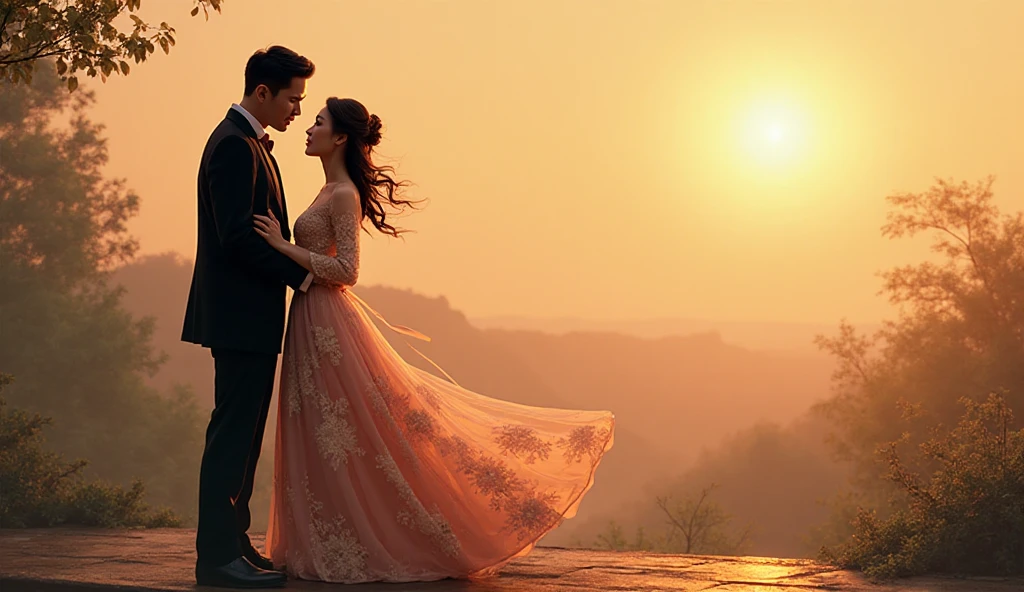 couple, romance, blue castle, aster purple, sunset