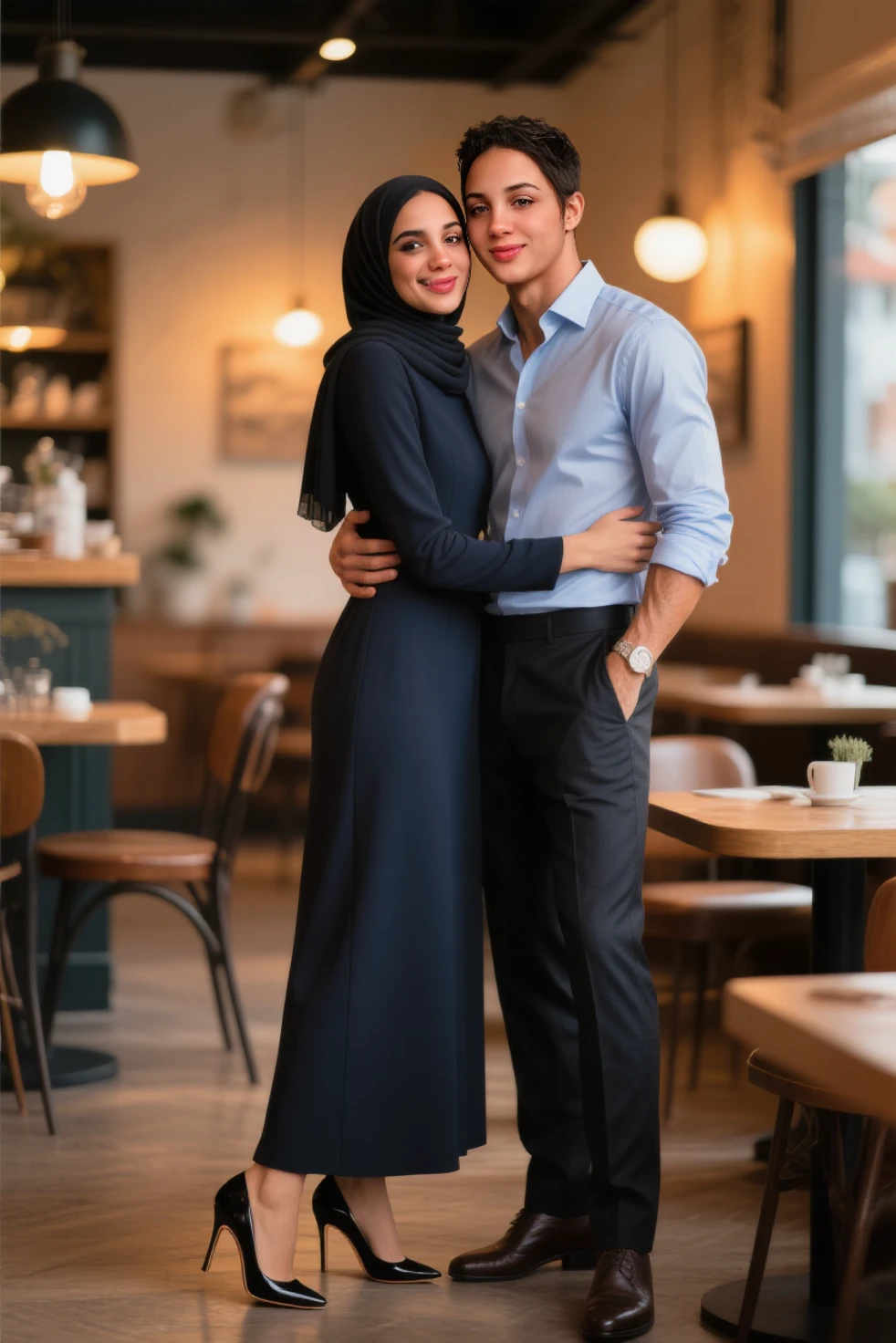 A young German man in a blue cotton shirt and jeans and a Syrian woman in a shiny plastic quilted coat and blue satin headscarf stand arm in arm in front of a refugee shelter, A German man in a cotton shirt and jeans is injured and is supported by a Syrian woman, A Syrian woman wearing a shiny plastic down coat supports an injured short-haired man, who can't walk alone, A Syrian woman wearing a headscarf holds an injured short-haired man in her arms, compassion, accident, injury, first aid, theater, ultra-realistic, photo