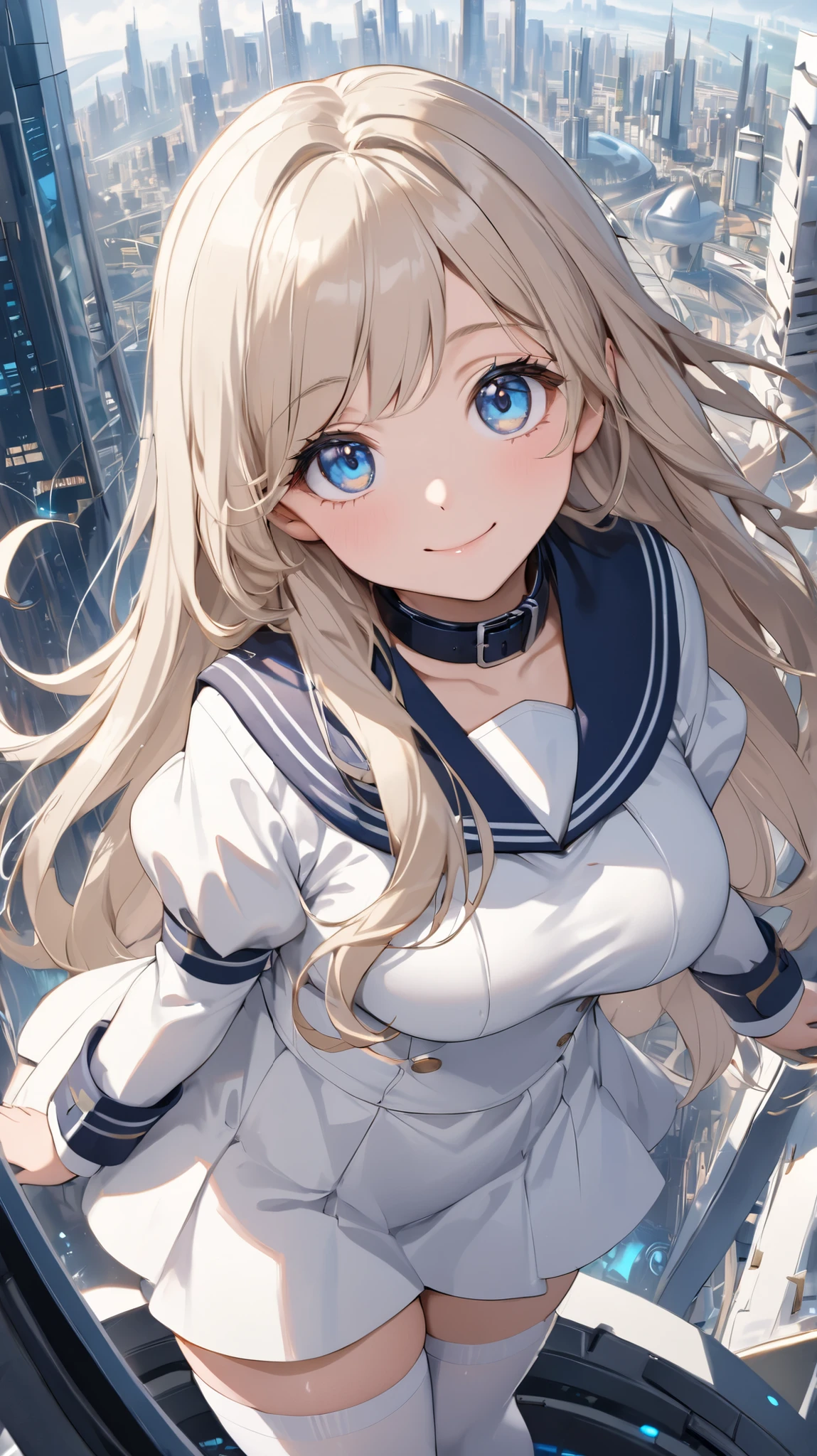 chest to top close-up , cute beautiful girl, Beautiful Pretty Curvy Teenage Face , White Sailor Mini Dress,navy blue collar, Juliet Sleeve Long Bolero Jacket , Big White Cuffs, Platinum Blonde Long Long Hair, beautiful eyes. White Knee High Stockings, thick soled short boots, Little Girl Standing in the Background Overlooking a Futuristic Cityscape ,Looking Up at Viewers,gentle smile