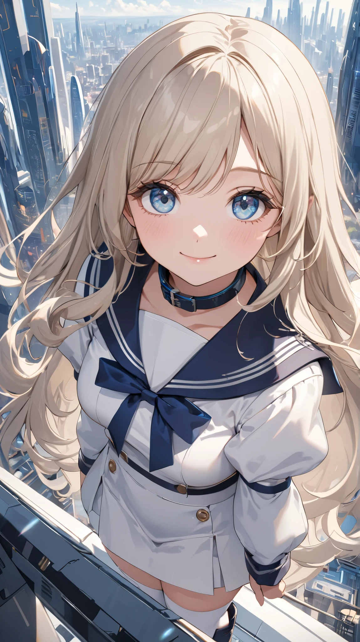 chest to top close-up , cute beautiful girl, Beautiful Pretty Curvy Teenage Face , White Sailor Mini Dress,navy blue collar, Juliet Sleeve Long Bolero Jacket , Big White Cuffs, Platinum Blonde Long Long Hair, beautiful eyes. White Knee High Stockings, thick soled short boots, Little Girl Standing in the Background Overlooking a Futuristic Cityscape ,Looking Up at Viewers,gentle smile