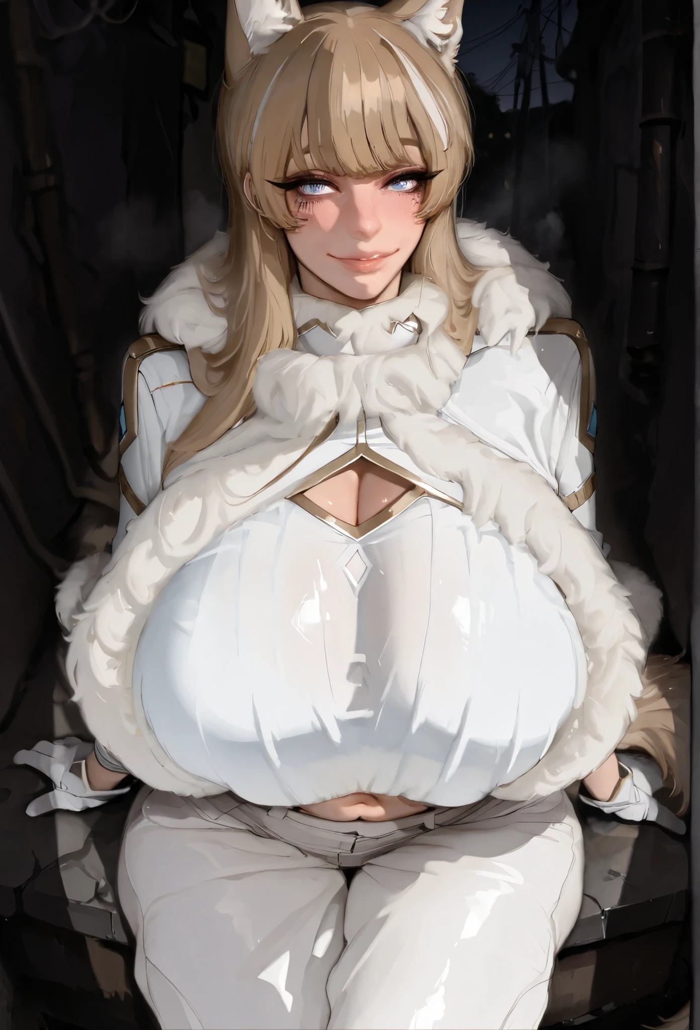 blond eyebrows, le0th13f, white bodysuit, long sleeves, cleavage cutout, gold trim, navel, white pants, white gloves, fur trim, blond tail, facial mark, wolf ears,dim light,alley,no humans,power lines,dark,night, blond hair, long hair, blunt bangs, blue eyes, mamimi, beautiful elegant faces, huge Breasts, wide hips, huge ass, thick legs, thick arms, look at the viewer, eyes fully visible, fully cloth, (8k , top quality , masterpiece) , (realistic , raw photo , super fine clear), make up, mascara, no eyeshadow, sit down on surface, kind smile, slightly blush