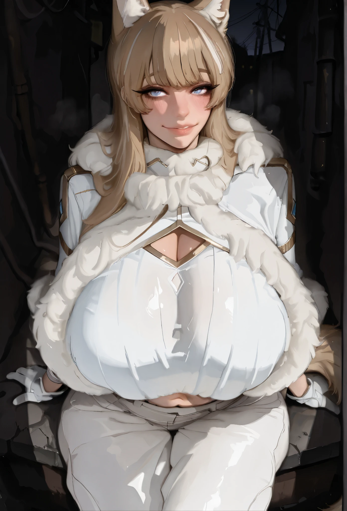 blond eyebrows, le0th13f, white bodysuit, long sleeves, cleavage cutout, gold trim, navel, white pants, white gloves, fur trim, blond tail, wolf ears, dim light, alley, no humans, power lines, dark, night, blond hair, long hair, blunt bangs, blue eyes, mamimi, beautiful elegant faces, huge Breasts, wide hips, huge ass, thick legs, thick arms, look at the viewer, eyes fully visible, fully cloth, (8k , top quality , masterpiece) , (realistic , raw photo , super fine clear), make up, mascara, no eyeshadow, sit down on surface, kind smile, slightly blush